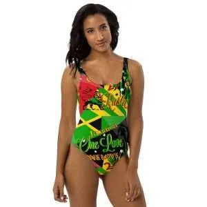 Jamaican Rasta One-Piece Swimsuit in cool funky print design. Original design by Rastaseed.com online Rastafarian clothing shop.