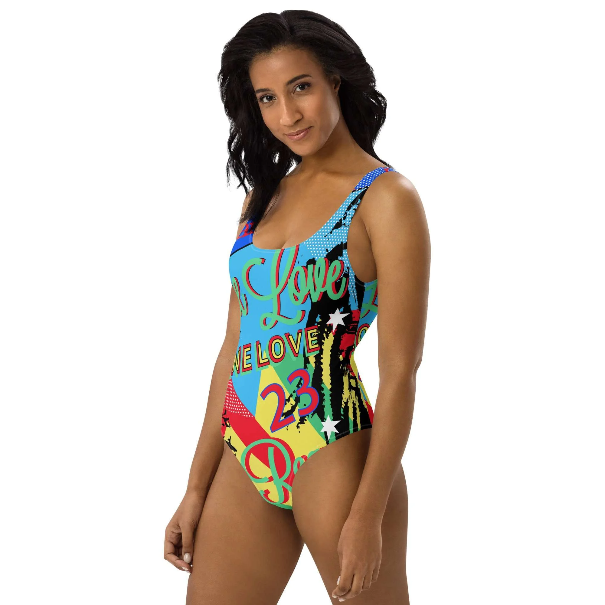 Reggae Party One-Piece Swimsuit side right view in fabulous print design. Original style created by Rastaseed clothing and merchandise brand.