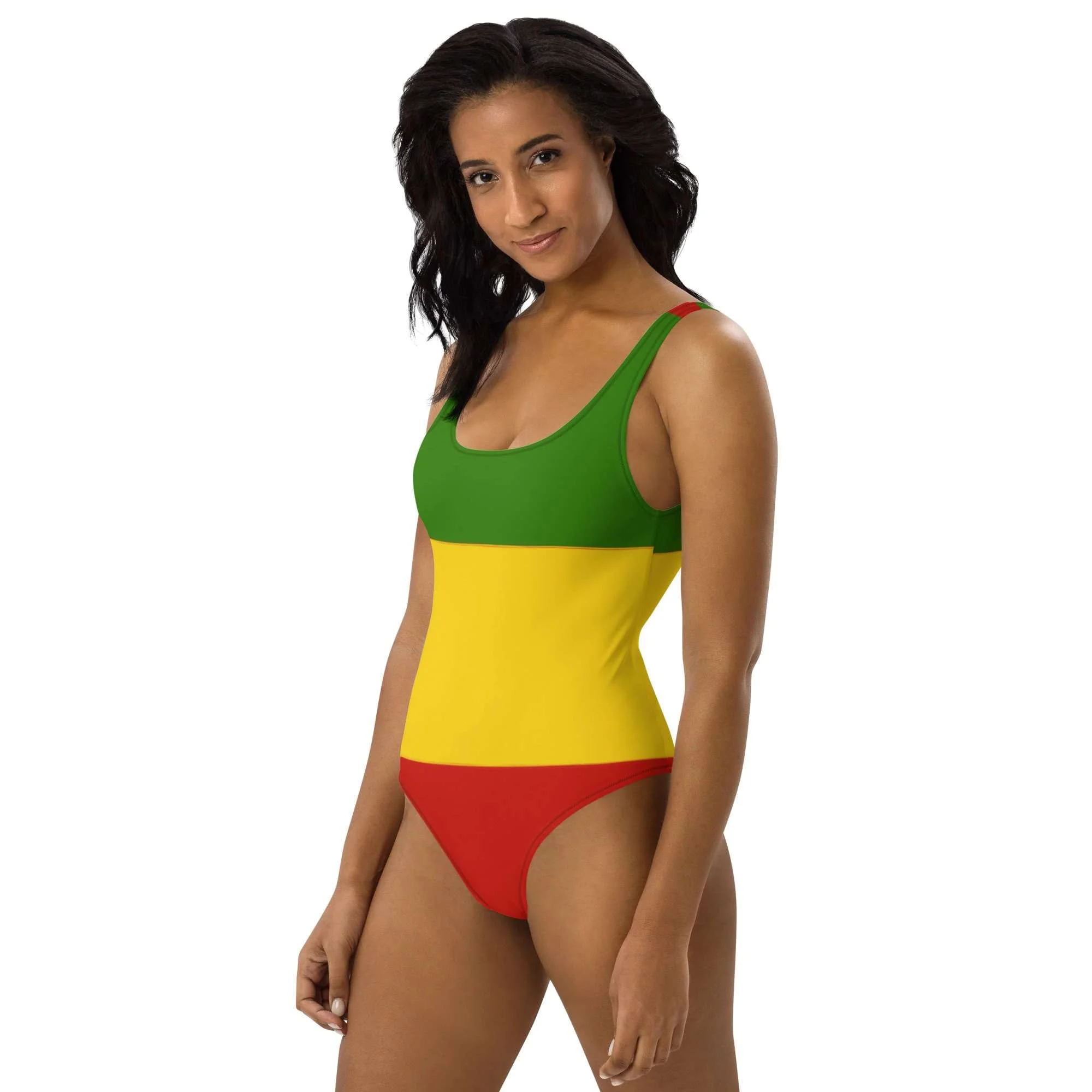 This Rasta swimsuit in red gold and green in a flattering stretch design side right view. Original merchandise designed by Rastaseed clothing brand.