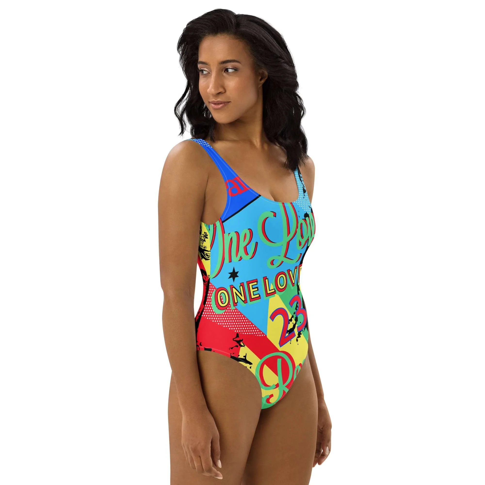 Reggae Party One-Piece Swimsuit side left view in fabulous print design. Original style created by Rastaseed clothing and merchandise brand.