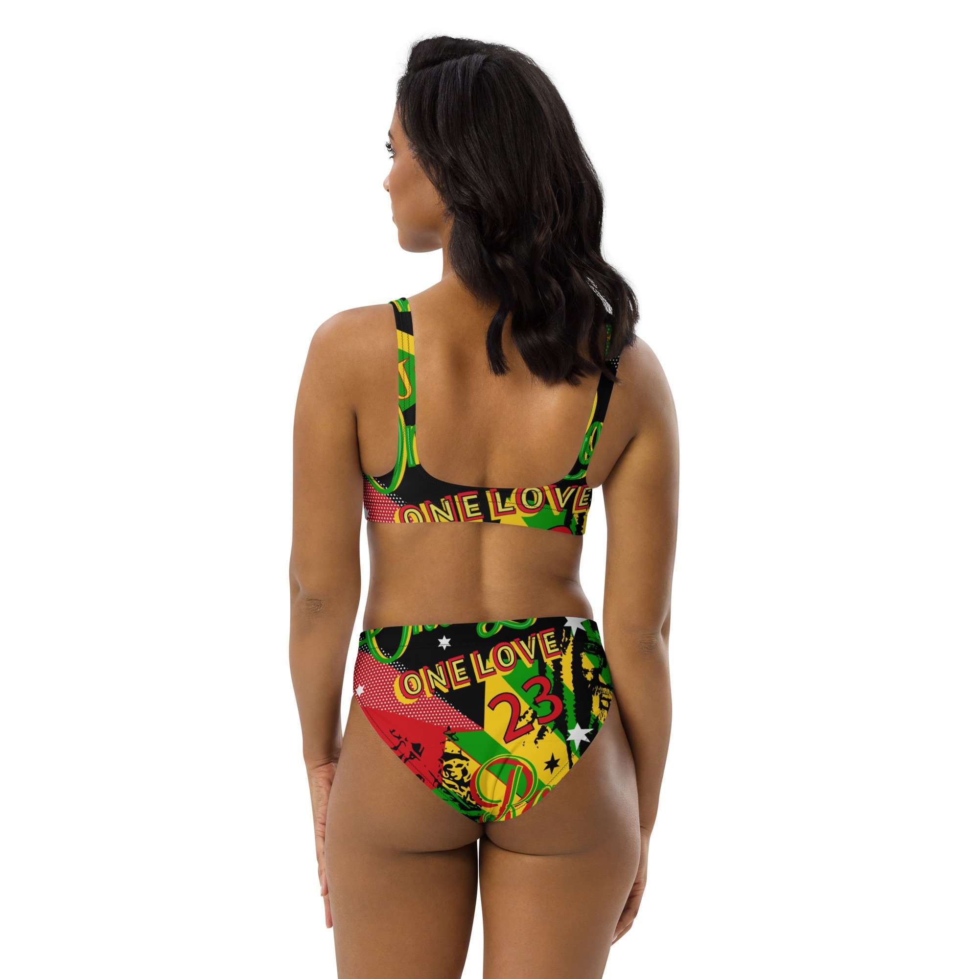 Jamaican Reggae Rasta Party Recycled high-waisted bikini back view in cool funky red gold and green print. Style designed by Rastseed.com.