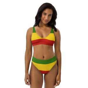 Rasta Recycled high-waisted Bikini. Vibrant red gold and green in stretch fabric with flattering style. Designed by Rastaseed brand.