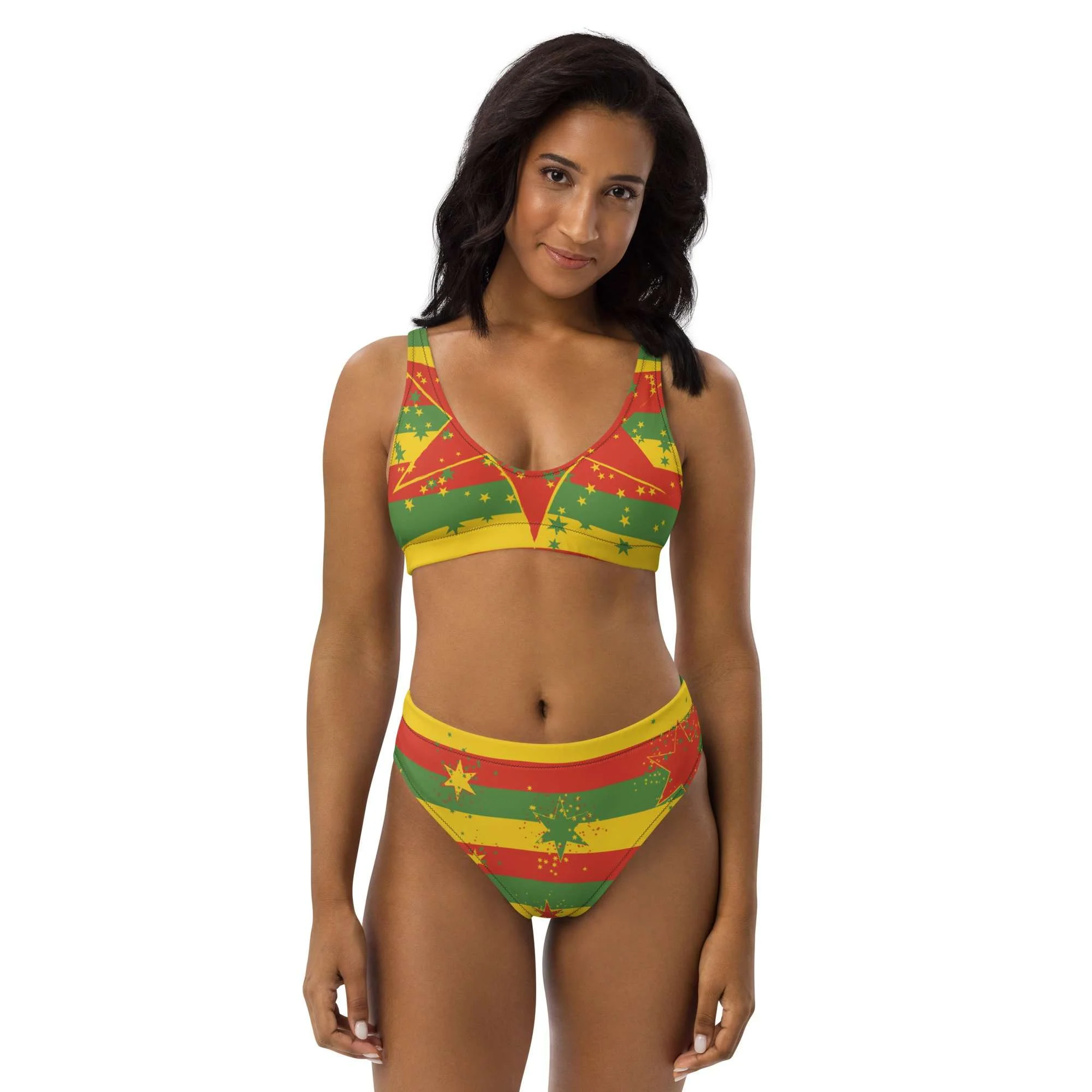 Rasta Reggae Stars Recycled high-waisted bikini in fabulous original print design. Flattering style created by Rastaseed online clothing brand.