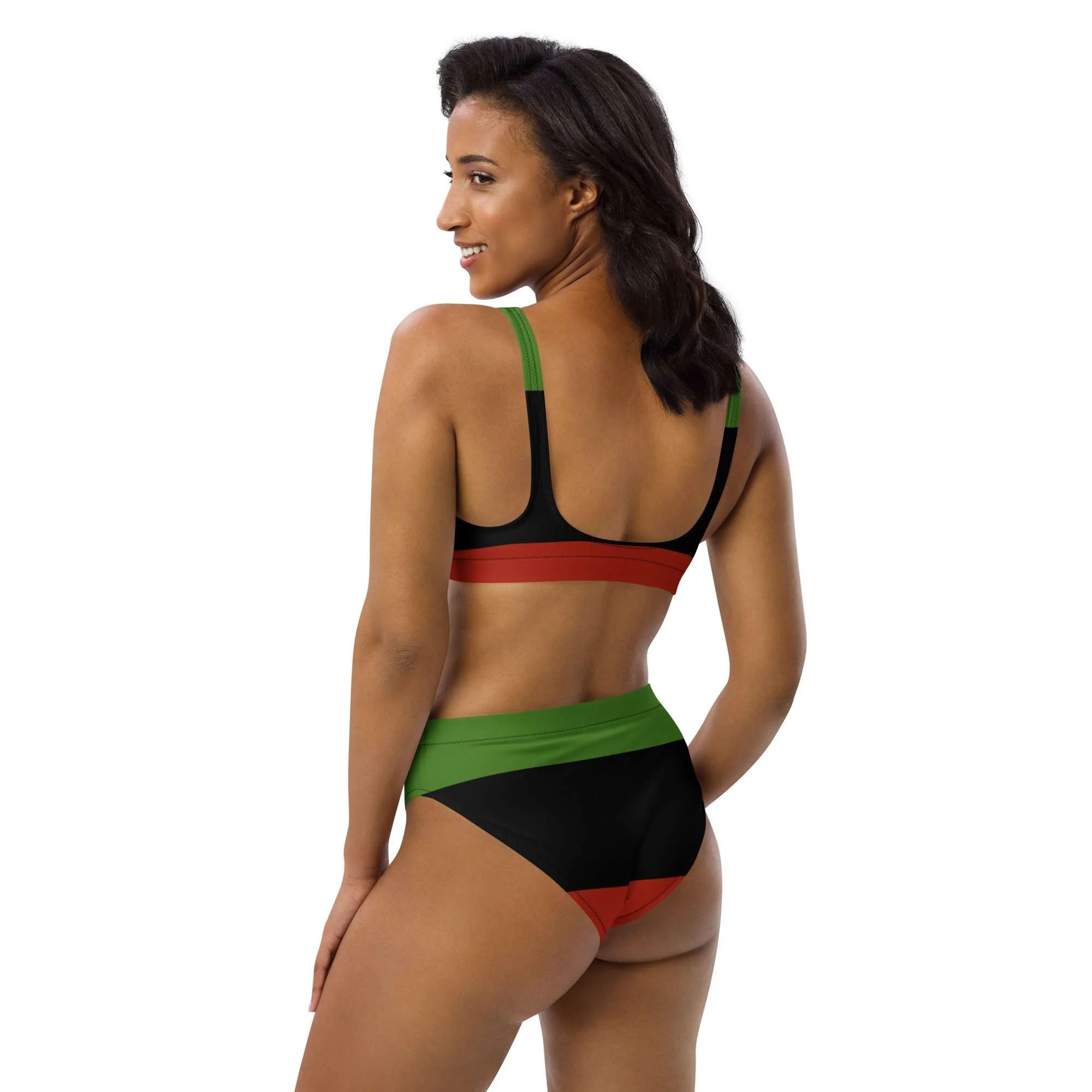 Afro American Swimwear Recycled high-waisted bikini back right view in a flattering design created by Rastaseed online merchandise and clothing brand.