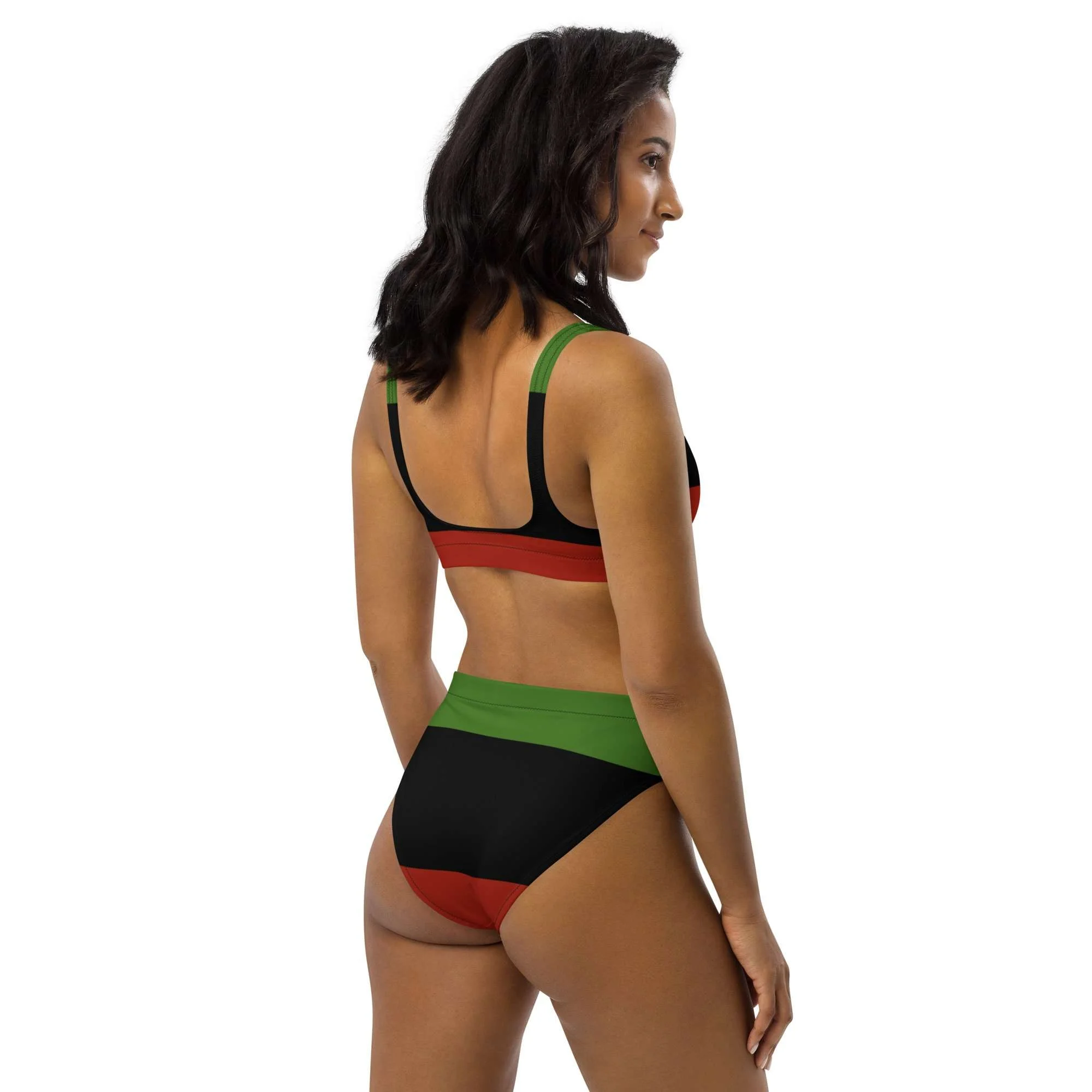 Afro American Swimwear Recycled high-waisted bikini back right view in a flattering design created by Rastaseed online merchandise and clothing brand.