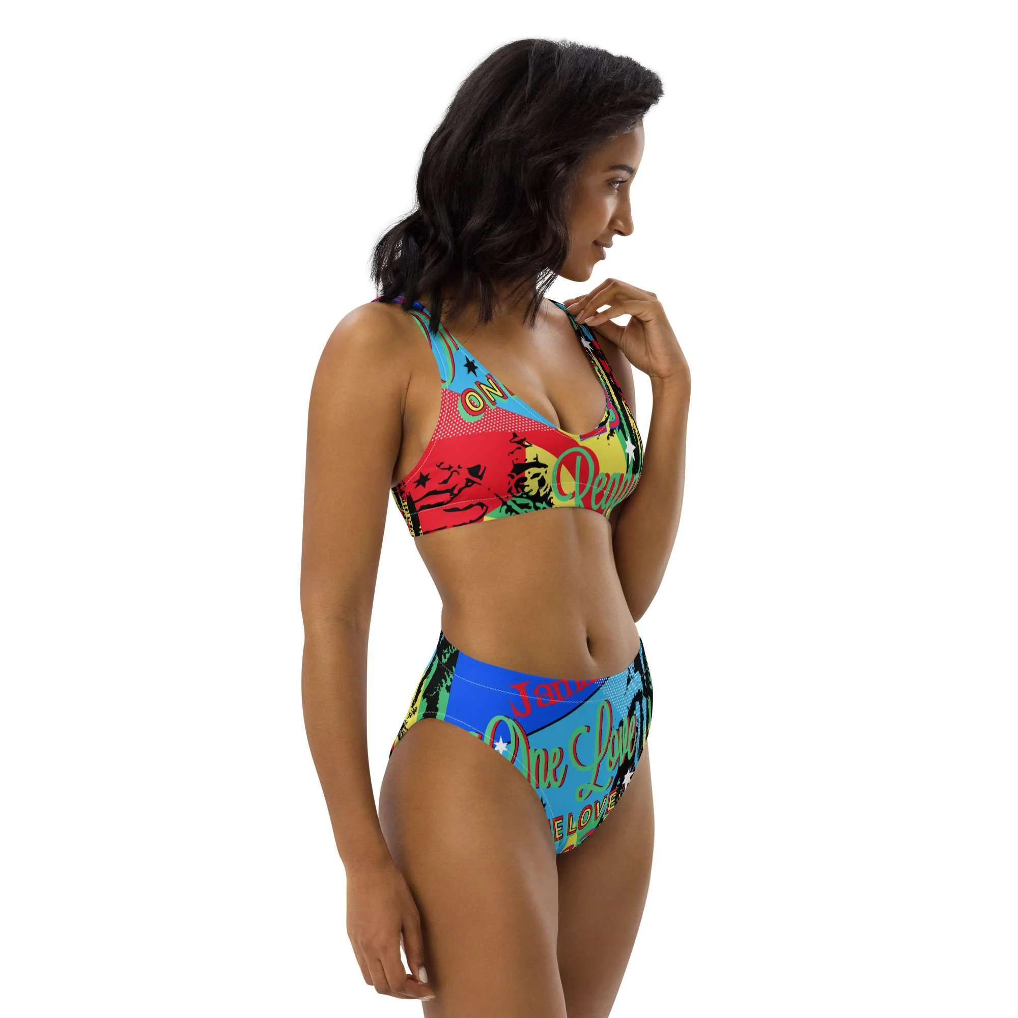 Reggae Party Recycled Bikini Recycled high-waisted bikini side right view created by Rastaseed.com Rastafarian online clothing and merchandise brand.