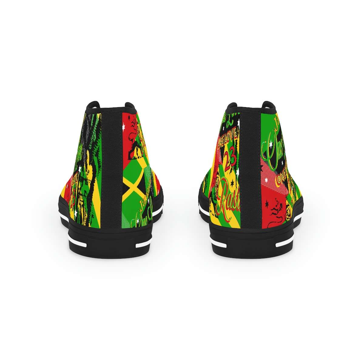 Rasta Reggae Party Men's High Top Sneakers in the Reggae colors back view black sole