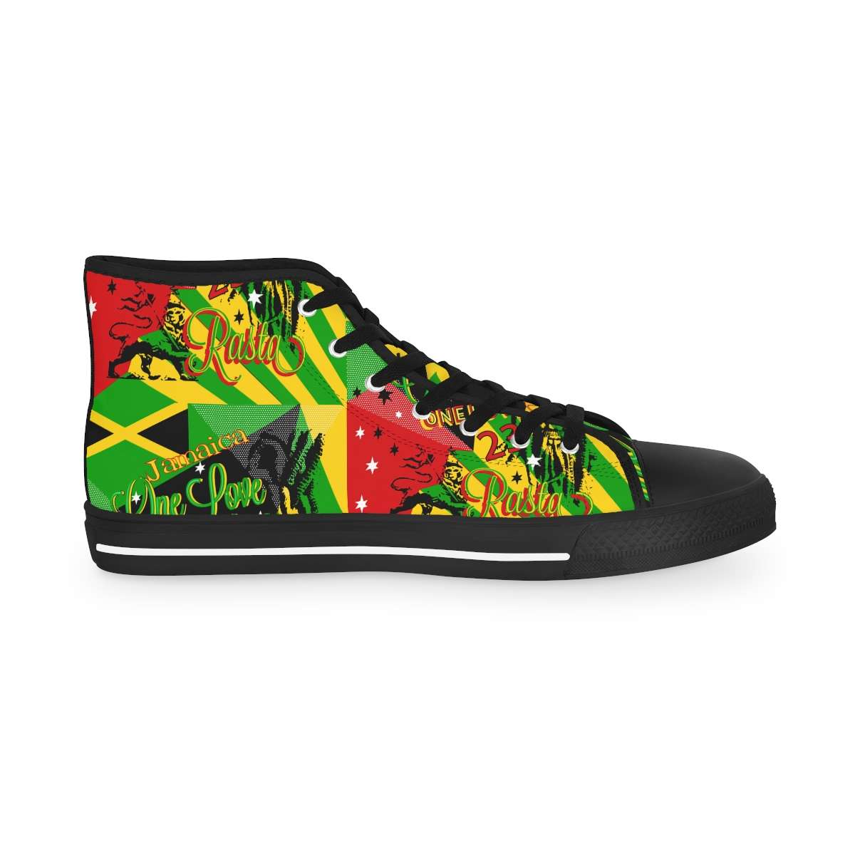 Rasta Reggae Party Men's High Top Sneakers in the Reggae colors left outside view black sole