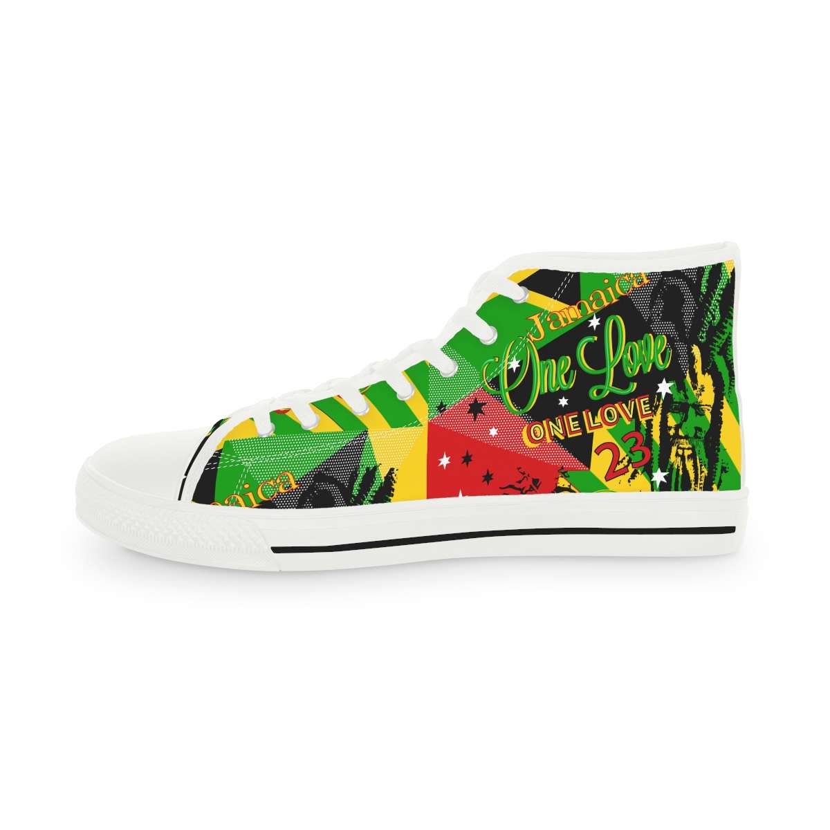 Rasta Reggae Party Men's High Top Sneakers in the Reggae colors right inside view white sole