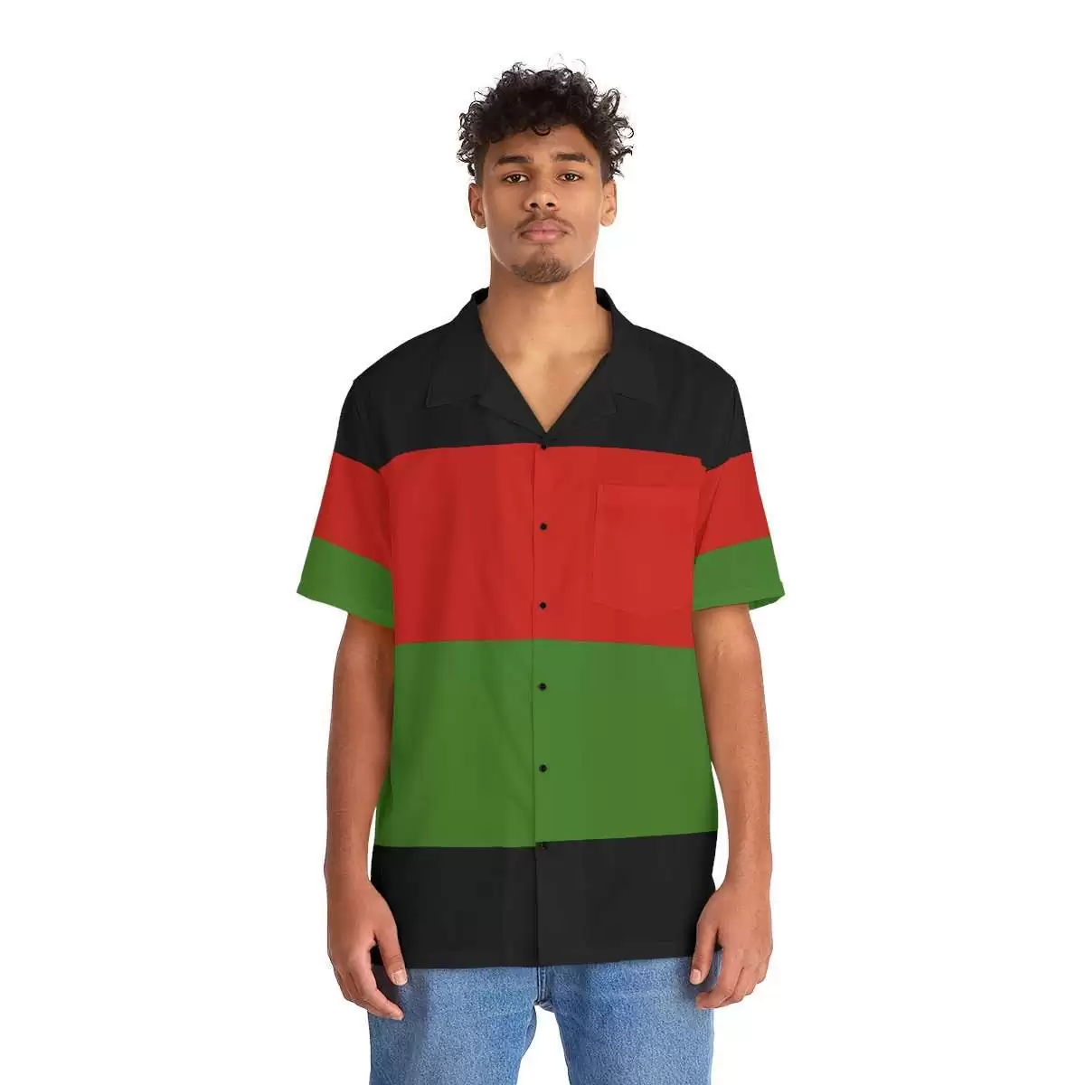 Pan African Men's Hawaiian Shirt front view on model in the African American colors. Rastaseed Reggae Jamaican Rastafarian clothing, t-shirts, shoes and more gear.