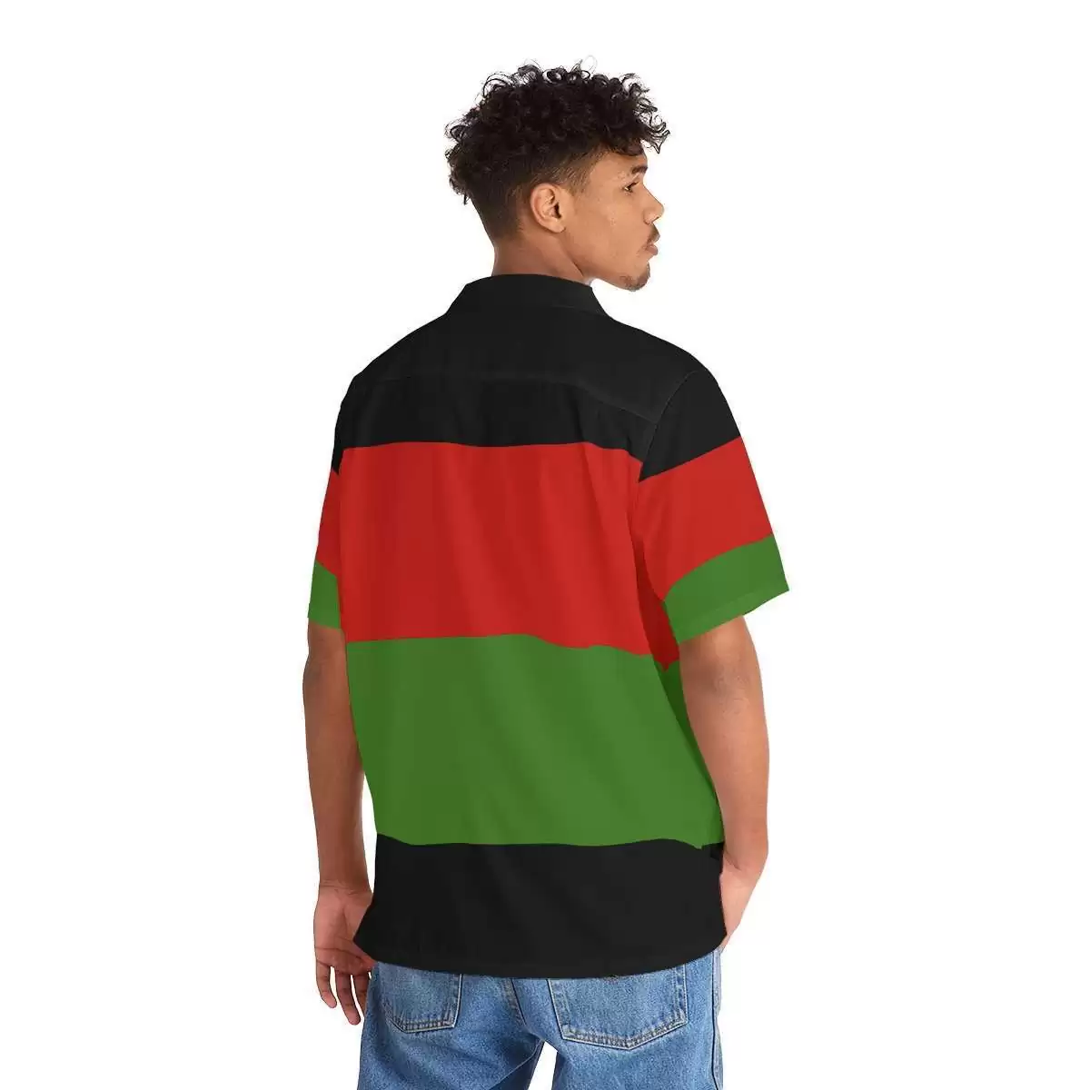 Pan African Men's Hawaiian Shirt back view on model in the African American colors. Rastaseed Reggae Jamaican Rastafarian clothing, t-shirts, shoes and more gear.