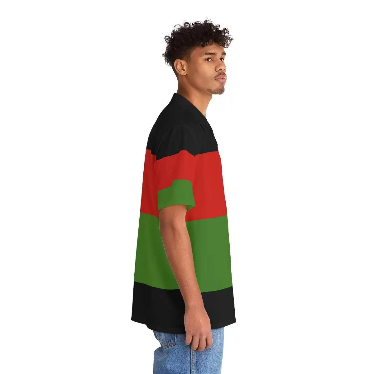 Pan African Men's Hawaiian Shirt right view on model in the African American colors. Rastaseed Reggae Jamaican Rastafarian clothing, t-shirts, shoes and more gear.