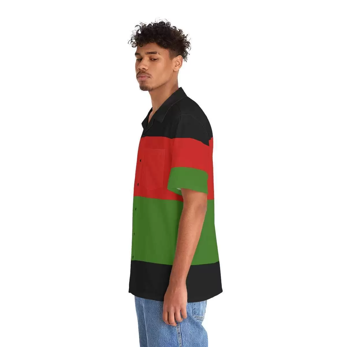 Pan African Men's Hawaiian Shirt left view on model in the African American colors. Rastaseed Reggae Jamaican Rastafarian clothing, t-shirts, shoes and more gear.