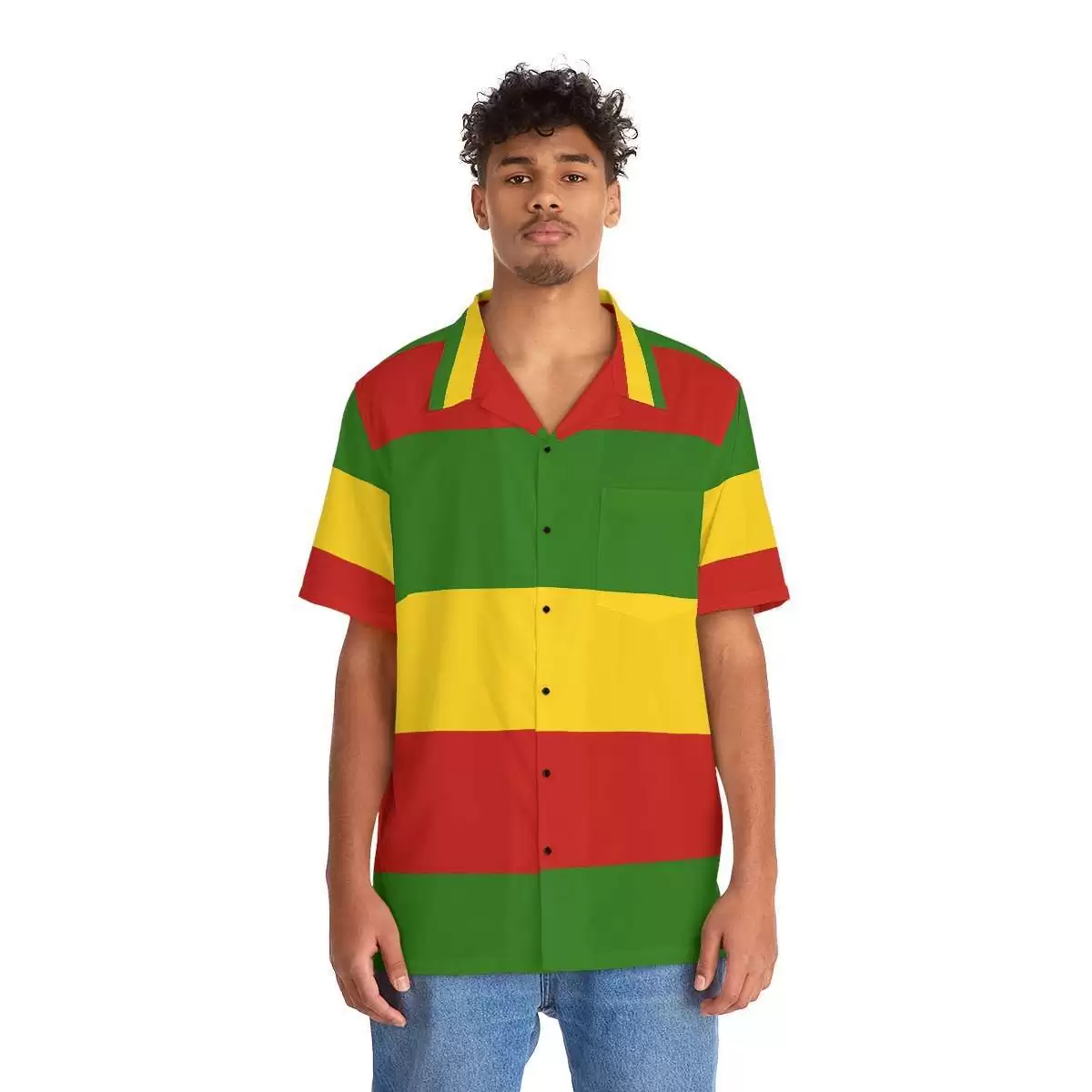 Rasta Hawaiian Shirt front view on model in red gold and green with black buttons. Cool breezy open neck style. Rastaseed Reggae online clothing and merchandise.