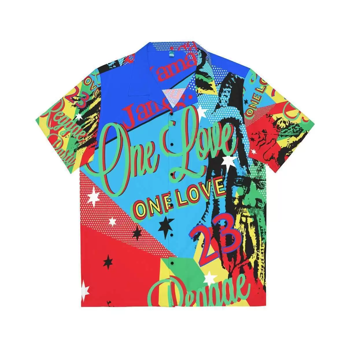 One Love Reggae Men's Hawaiian Shirt front flat view in vivd colored designs. Rasta Jamaican and Reggae festival gear and merchandise online store.