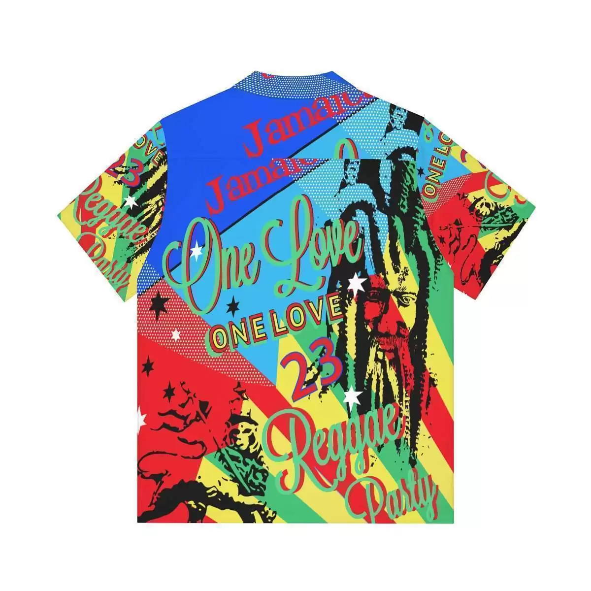 One Love Reggae Men's Hawaiian Shirt back flat view in vivd colored designs. Rasta Jamaican and Reggae festival gear and merchandise online store.