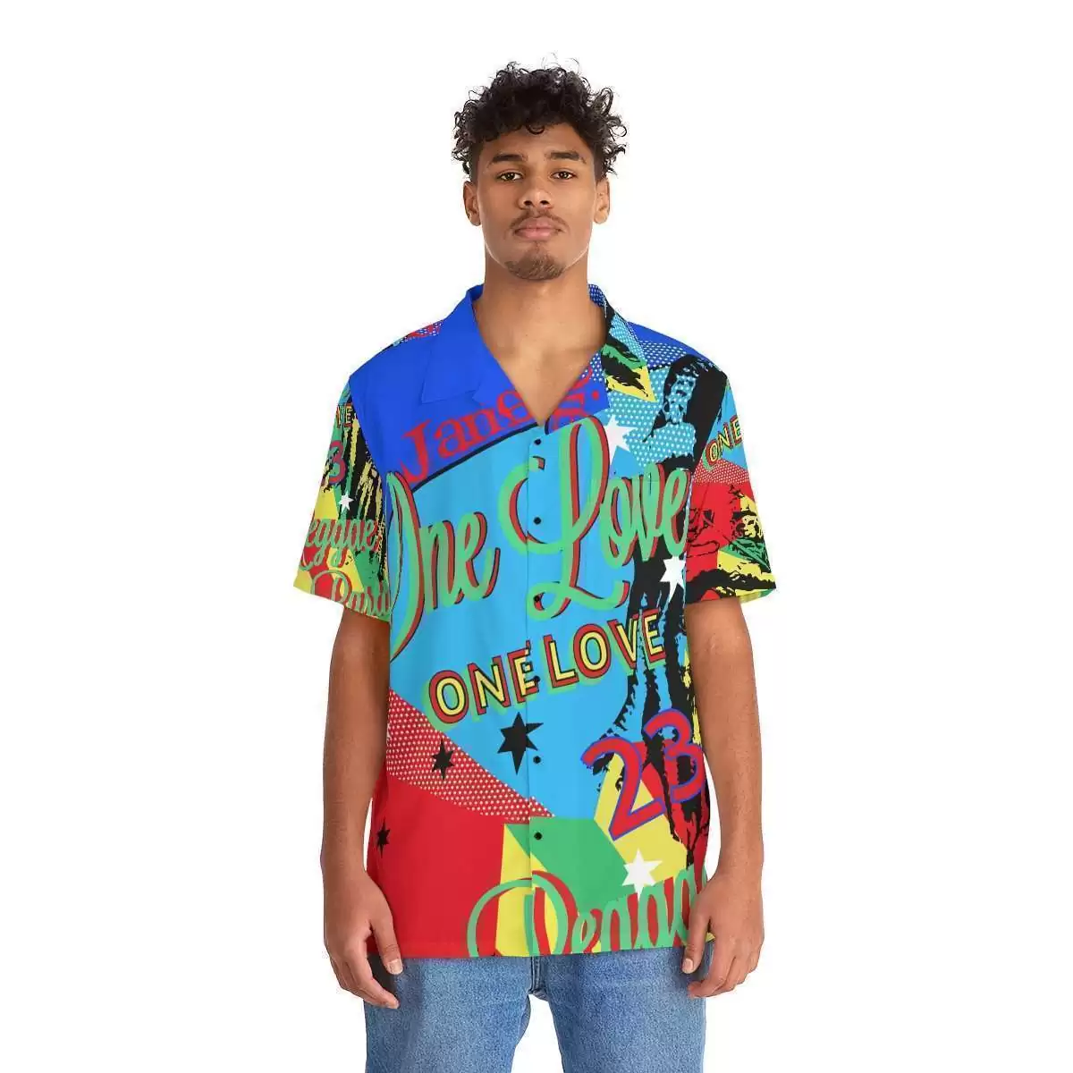 One Love Reggae Men's Hawaiian Shirt front view on model in vivd colored designs. Rasta Jamaican and Reggae festival gear and merchandise online store.