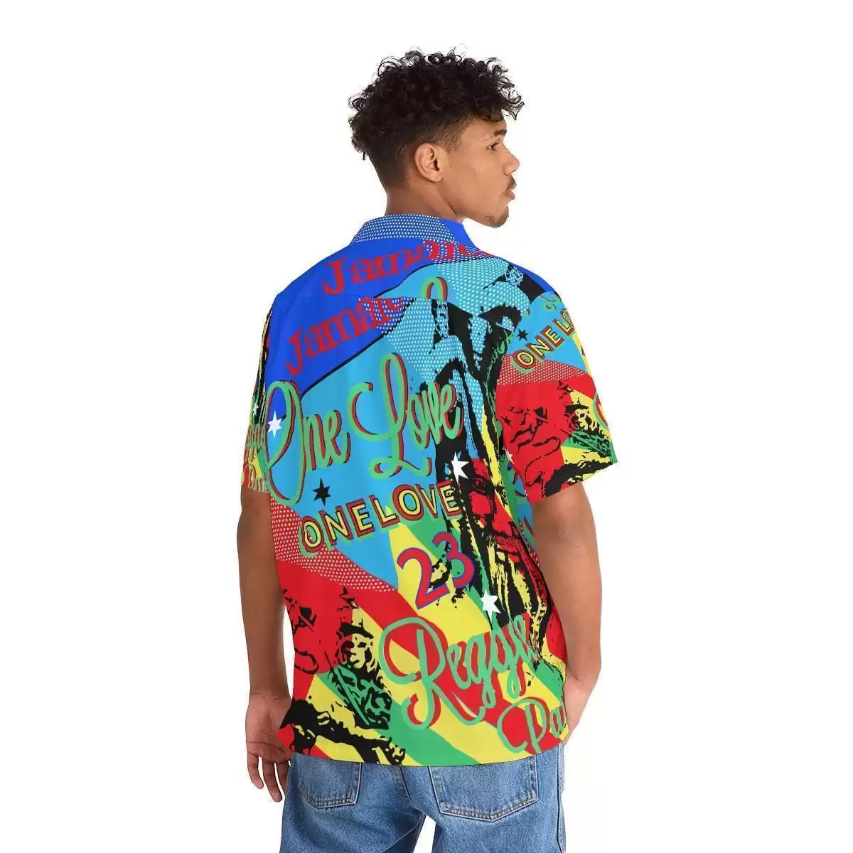 One Love Reggae Men's Hawaiian Shirt back view on model in vivd colored designs. Rasta Jamaican and Reggae festival gear and merchandise online store.
