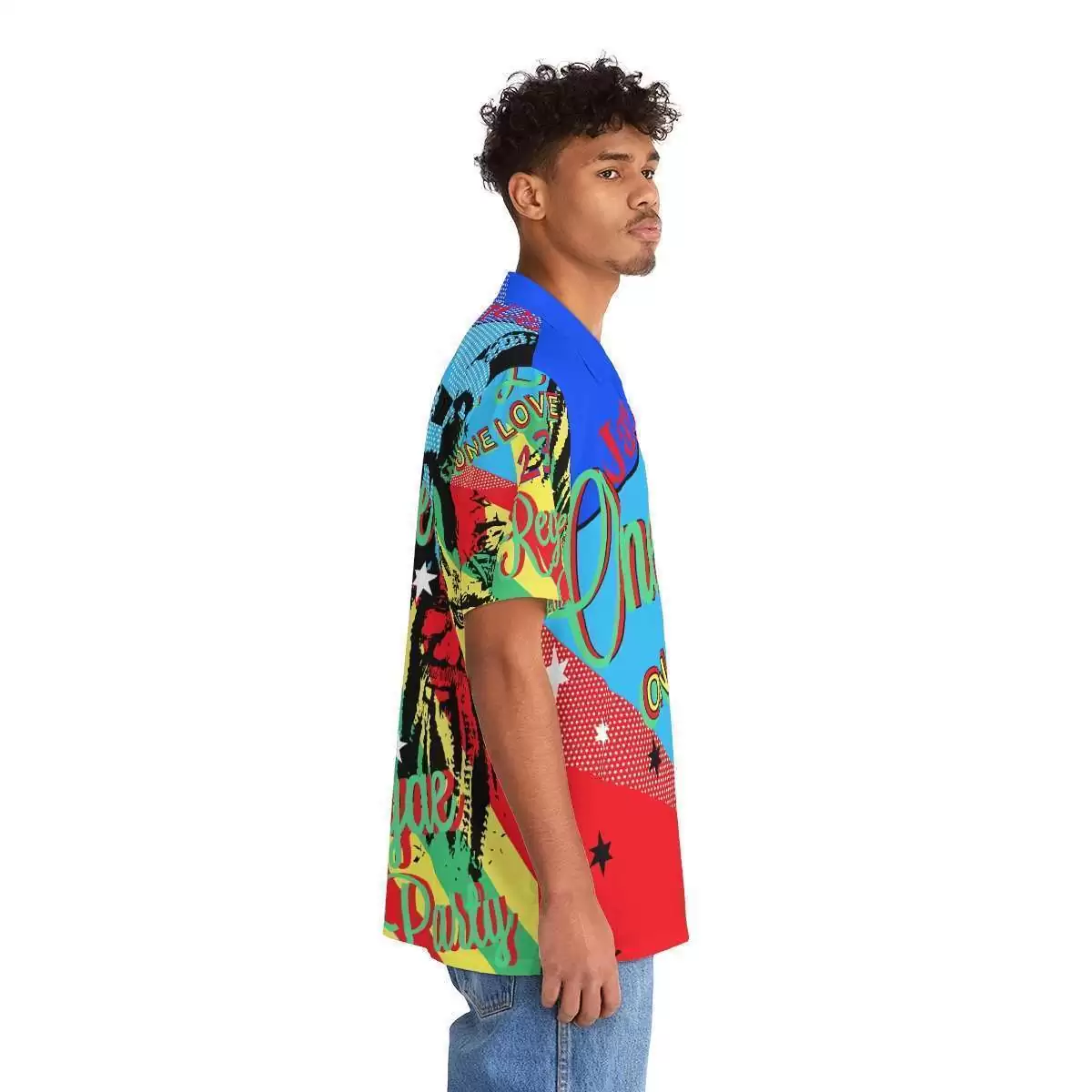 One Love Reggae Men's Hawaiian Shirt right side view on model in vivd colored designs. Rasta Jamaican and Reggae festival gear and merchandise online store.