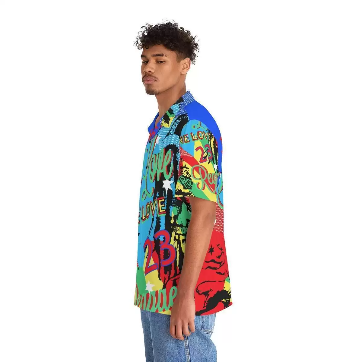 One Love Reggae Men's Hawaiian Shirt left side view on model in vivd colored designs. Rasta Jamaican and Reggae festival gear and merchandise online store.