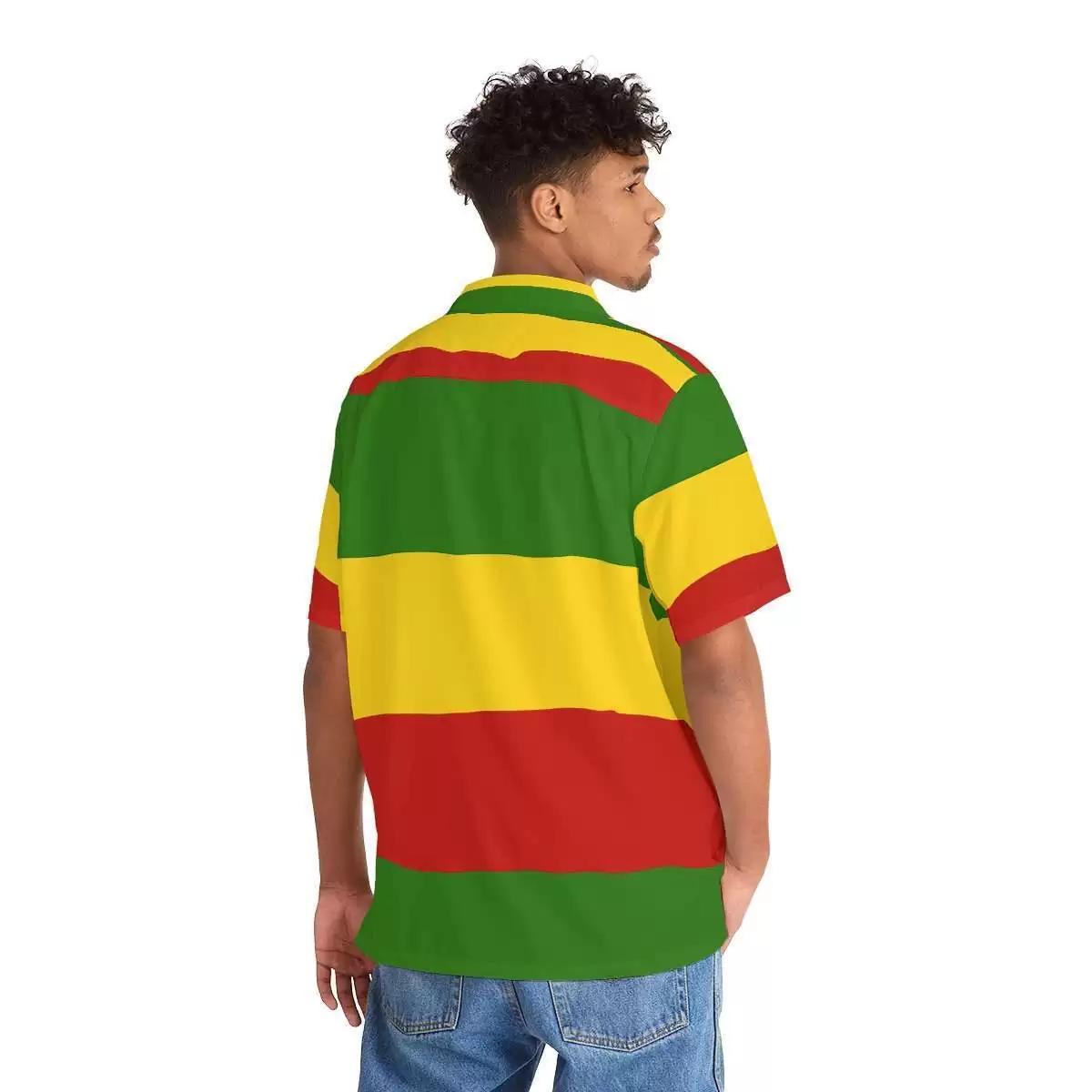 Rasta Hawaiian Shirt back view on model in red gold and green with black buttons. Cool breezy open neck style. Rastaseed Reggae online clothing and merchandise.