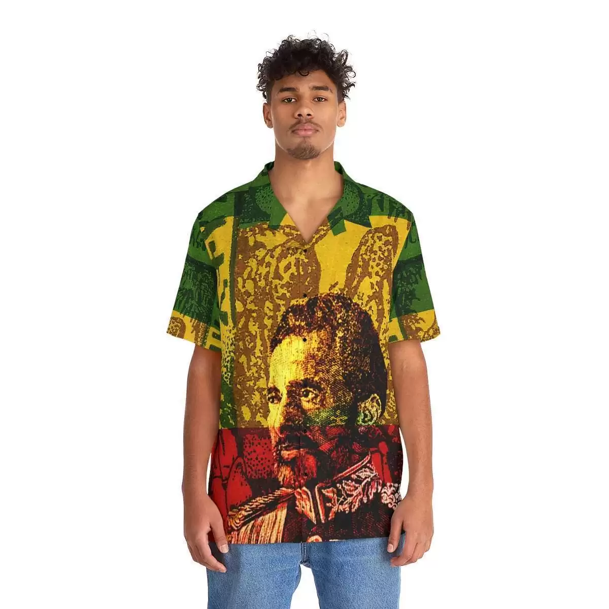Haile Selassie Men's Hawaiian Shirt front view on model in original African design and the Rastafarian colors. Rastaseed Jamaican Reggae and Rasta clothing store.