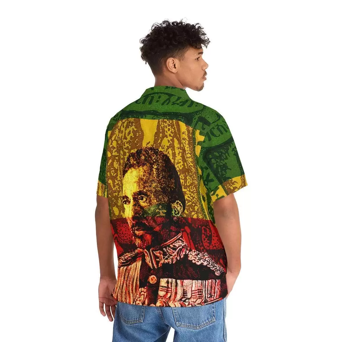 Haile Selassie Men's Hawaiian Shirt back view on model in original African design and the Rastafarian colors. Rastaseed Jamaican Reggae and Rasta clothing store.