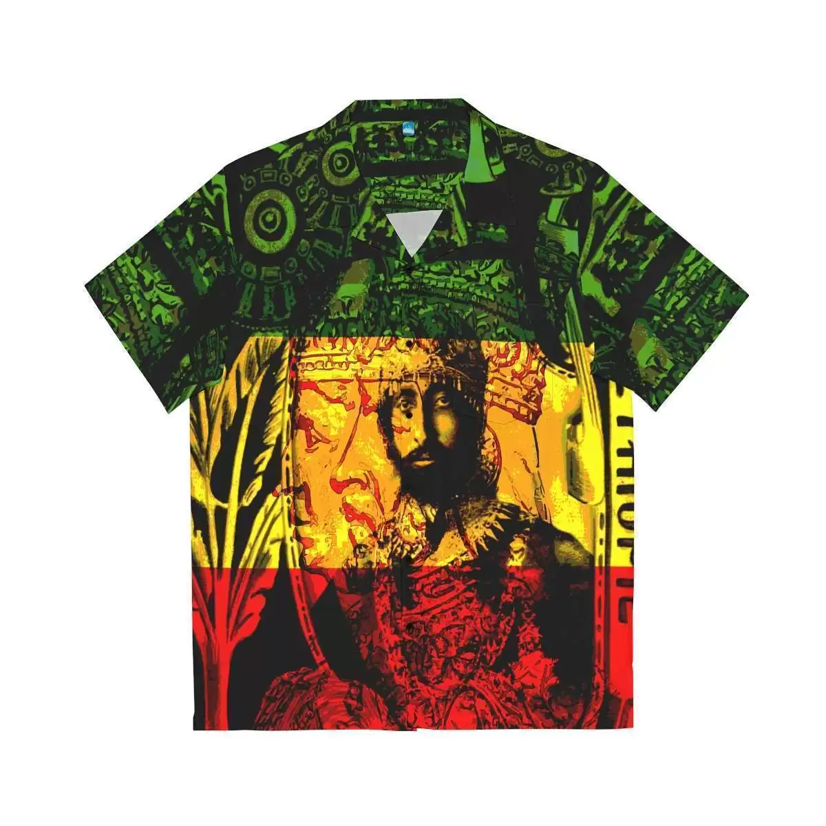 Natural Mystic Selassie I Men's Hawaiian Shirt front flat view in mystical design. Red gold green and black. Rastaseed original Rastafariann and Haile Selassie gear.