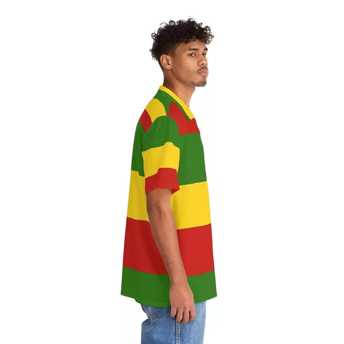Rasta Hawaiian Shirt side right view on model in red gold and green with black buttons. Cool breezy open neck style. Rastaseed Reggae online clothing and merchandise.