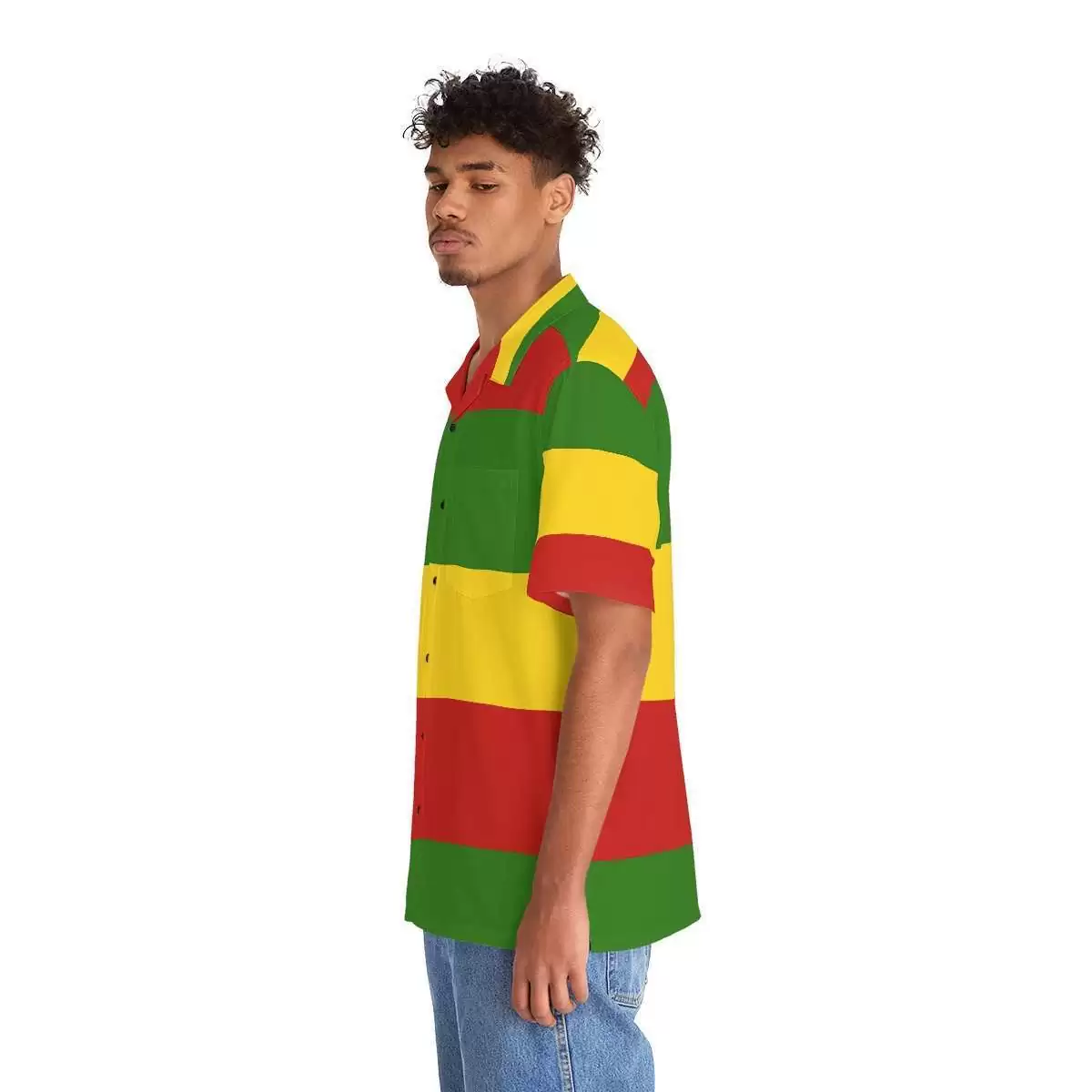 Rasta Hawaiian Shirt side left view on model in red gold and green with black buttons. Cool breezy open neck style. Rastaseed Reggae online clothing and merchandise.