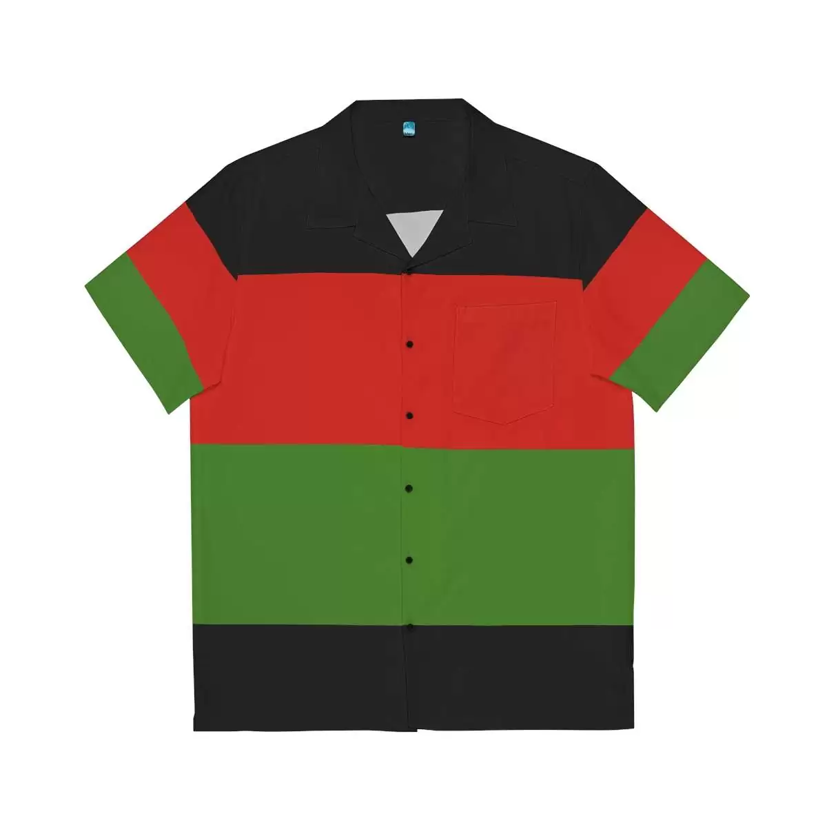 Pan African Men's Hawaiian Shirt front view in the African American colors. Rastaseed Reggae Jamaican Rastafarian clothing, t-shirts, shoes and more gear.