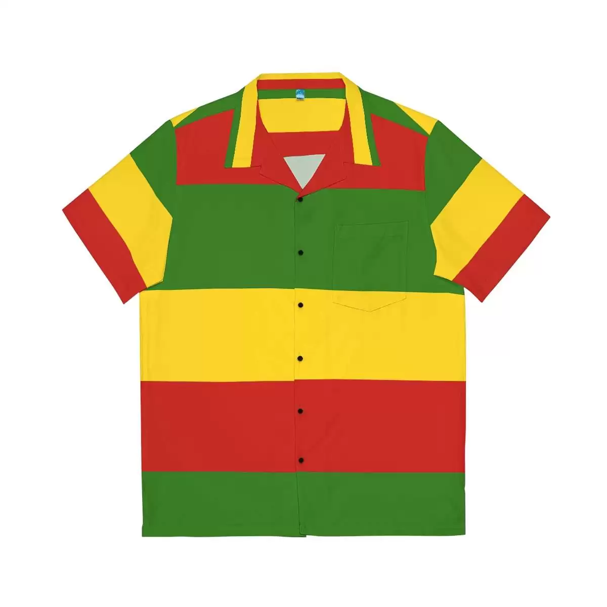 Rasta Hawaiian Shirt front flat view in red gold and green with black buttons. Cool breezy open neck style. Rastaseed Reggae online clothing and merchandise.