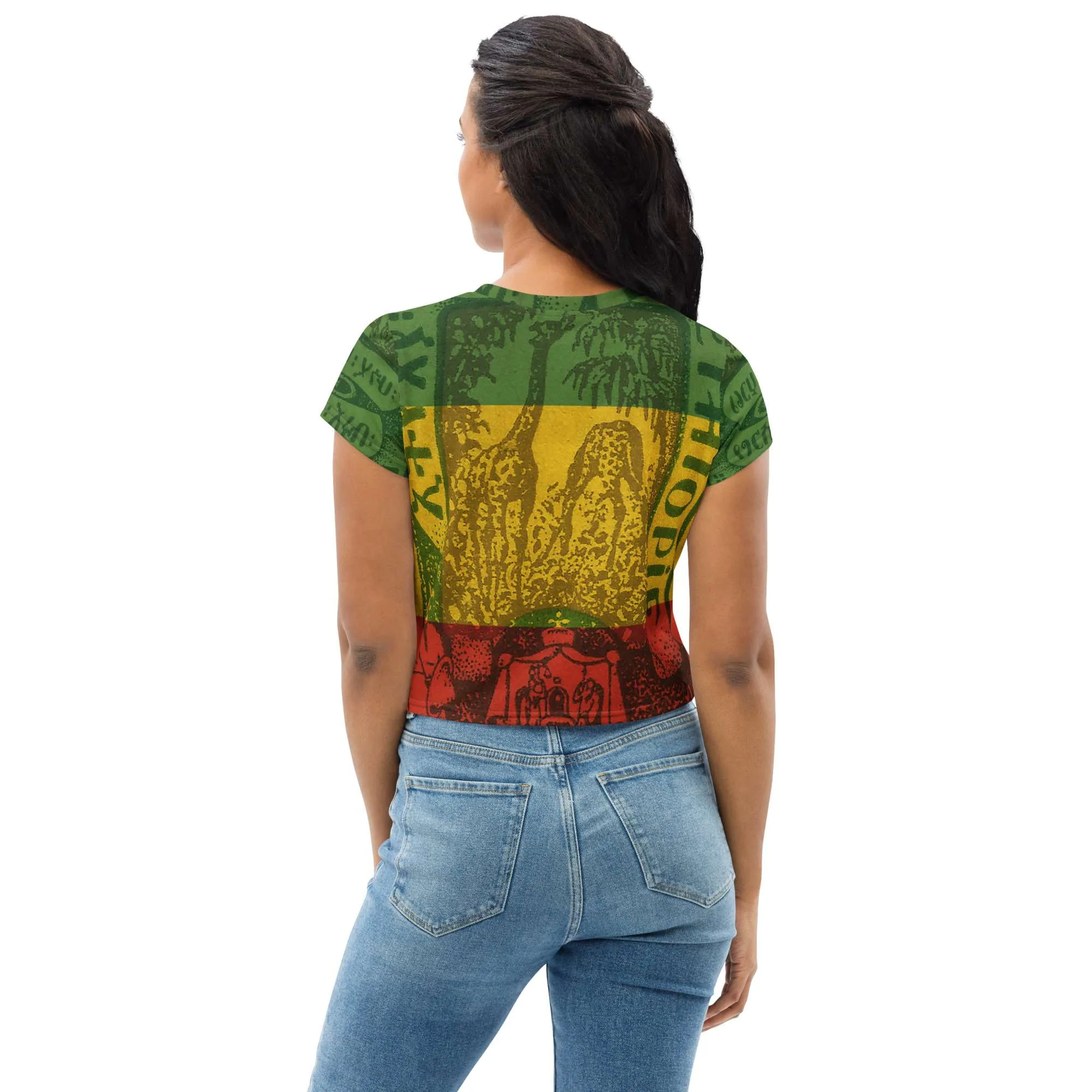 Haile Selassie Crop Tee back view in red gold green design. Authentic Reggae, Rastafarian Lion of Judah and Jamaican Rasta clothing shop .