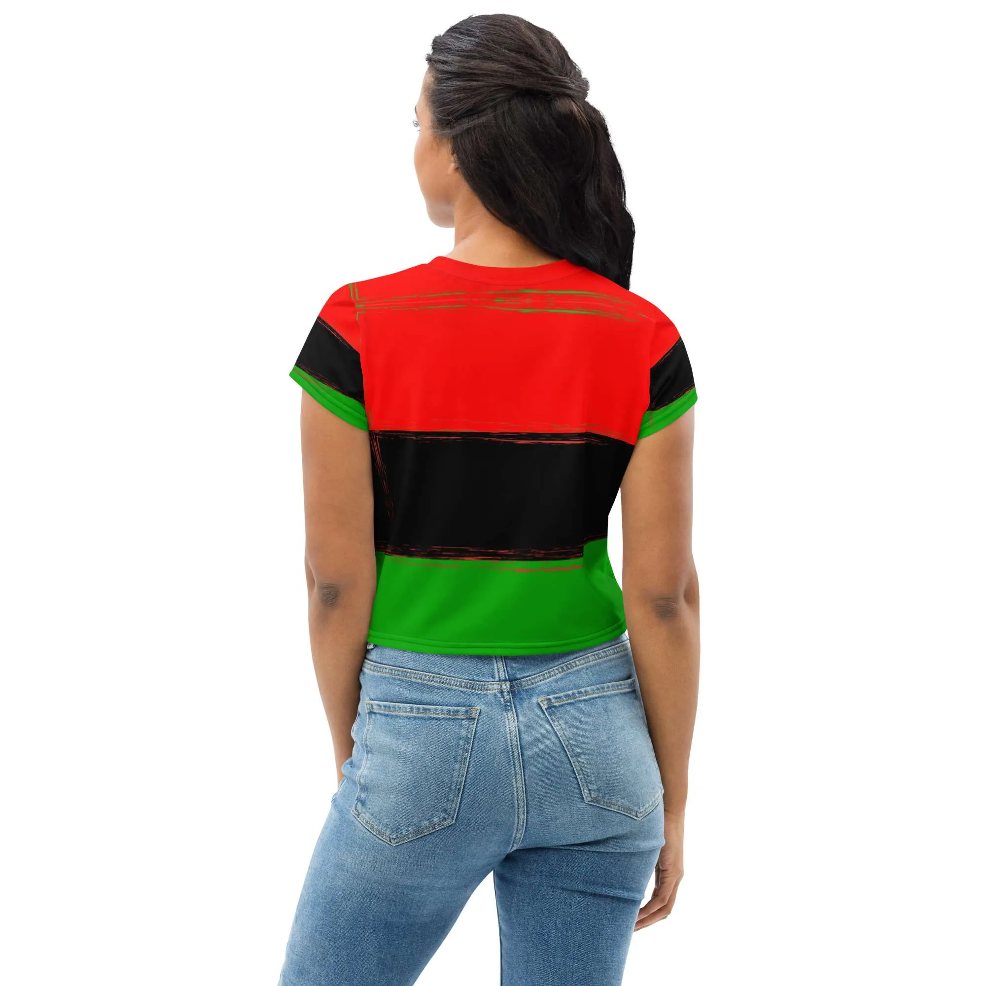 Pan African Crop Tee back view on model in African American colors. Rastaseed authentic original Rastafarian, Reggae, Afro American and Jamaican Clothing.