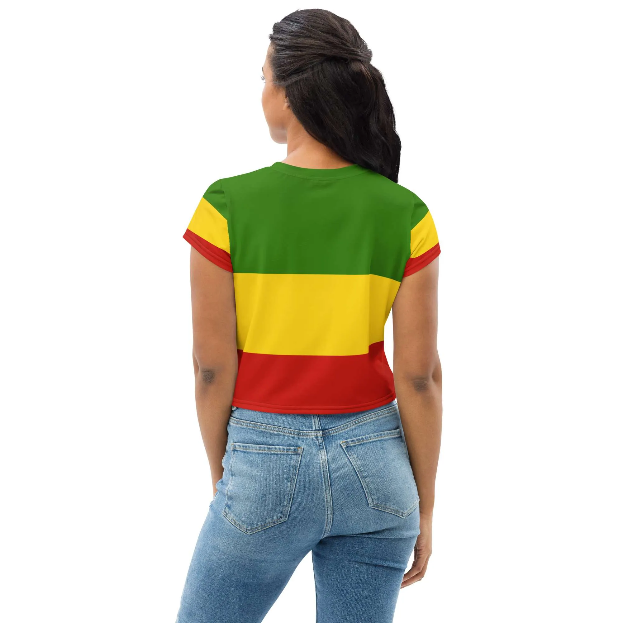 Rasta One Love Crop Tee back view in red gold and green. Rasta dresses, shirts, t-shirts, swimwear, shoes and accessories in Jamaican and Rasta colors.