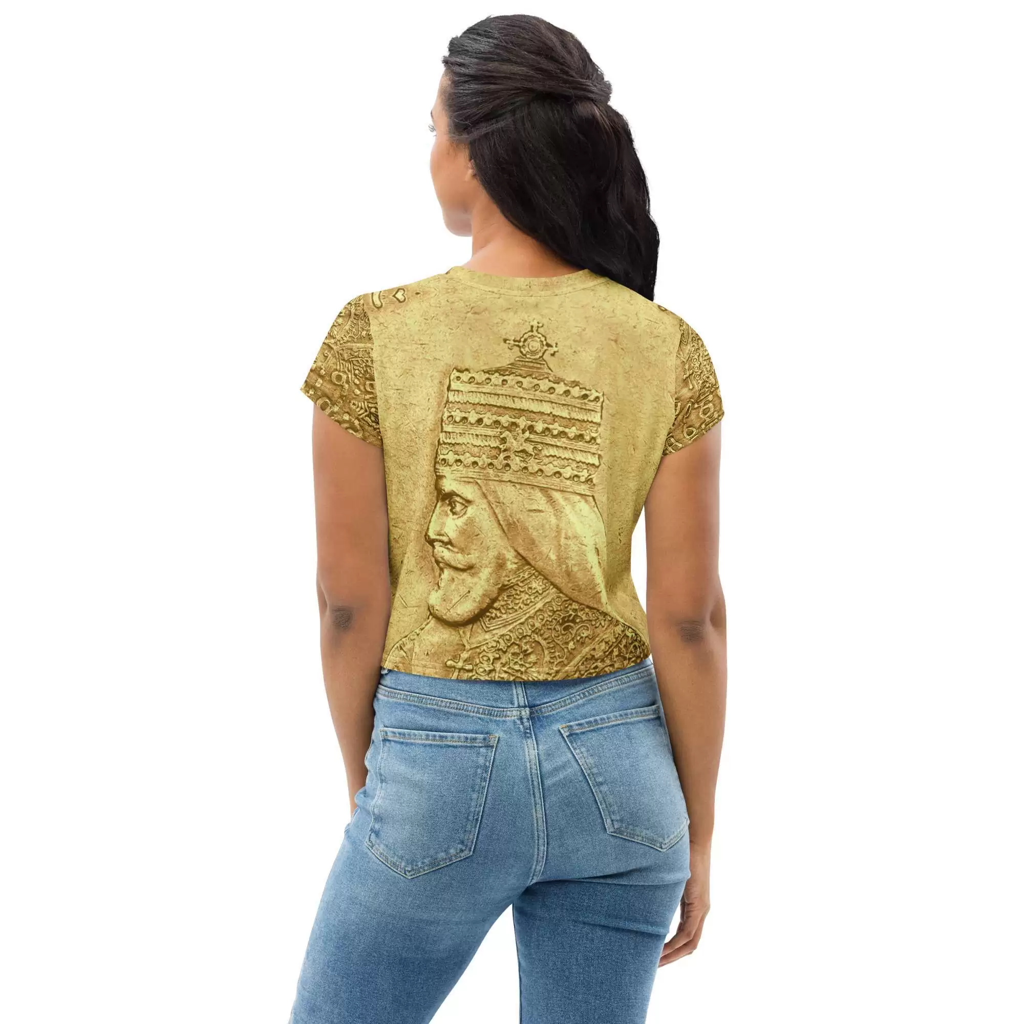 Haile Selassie Ancient Amharic Crop Tee back view in gold hues. King of Kings design, an original from Rastaseed online clothing store and Rasta gear.