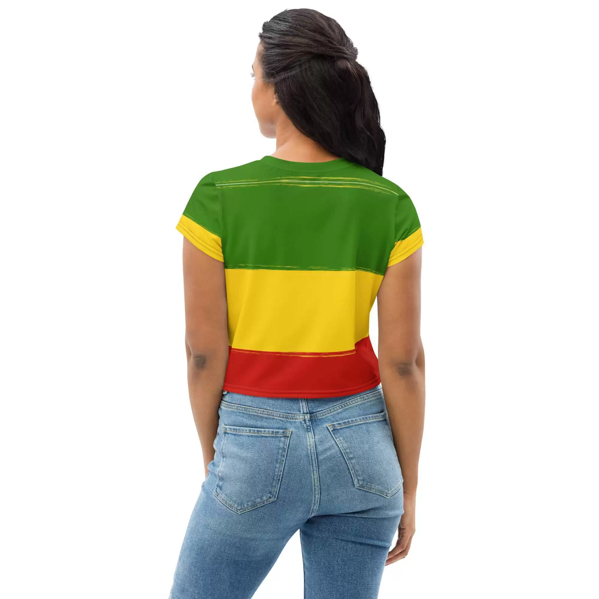 Rasta Crop Tee in red gold and green back view with stars and Lion of Judah. Original Rastafarian design from Rastaseed online Rasta clothing shop.
