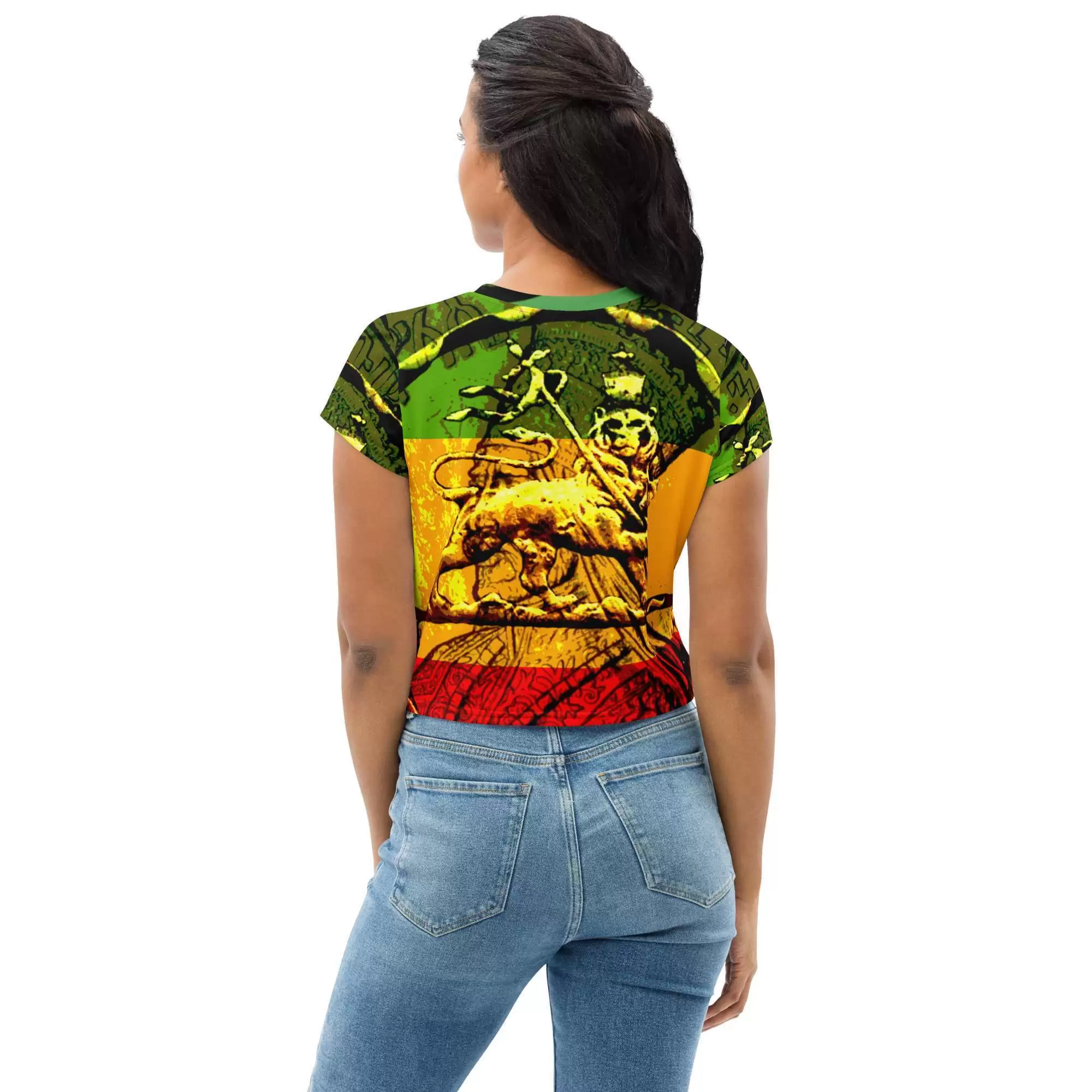 Lion of Judah Crop Tee female model back view in the Rasta colors. Rastafarian, Reggae, jamaican and Haile Selassie merchandise, shoes and clothing.