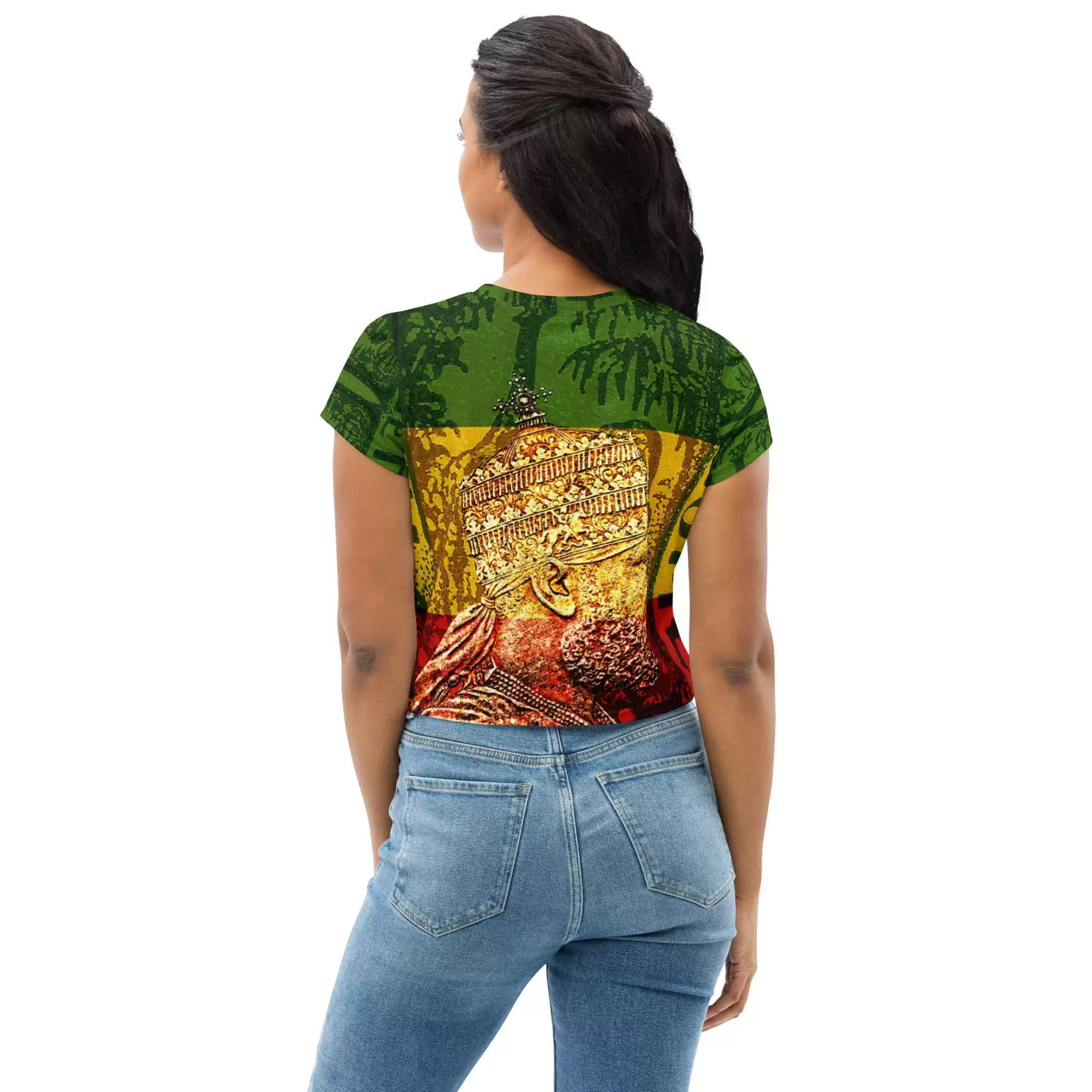 Menelik Crop Tee female model back view in Rasta colors and design. Rastafarian Jamaican and Reggae merchandise and clothing shoes and accessories.