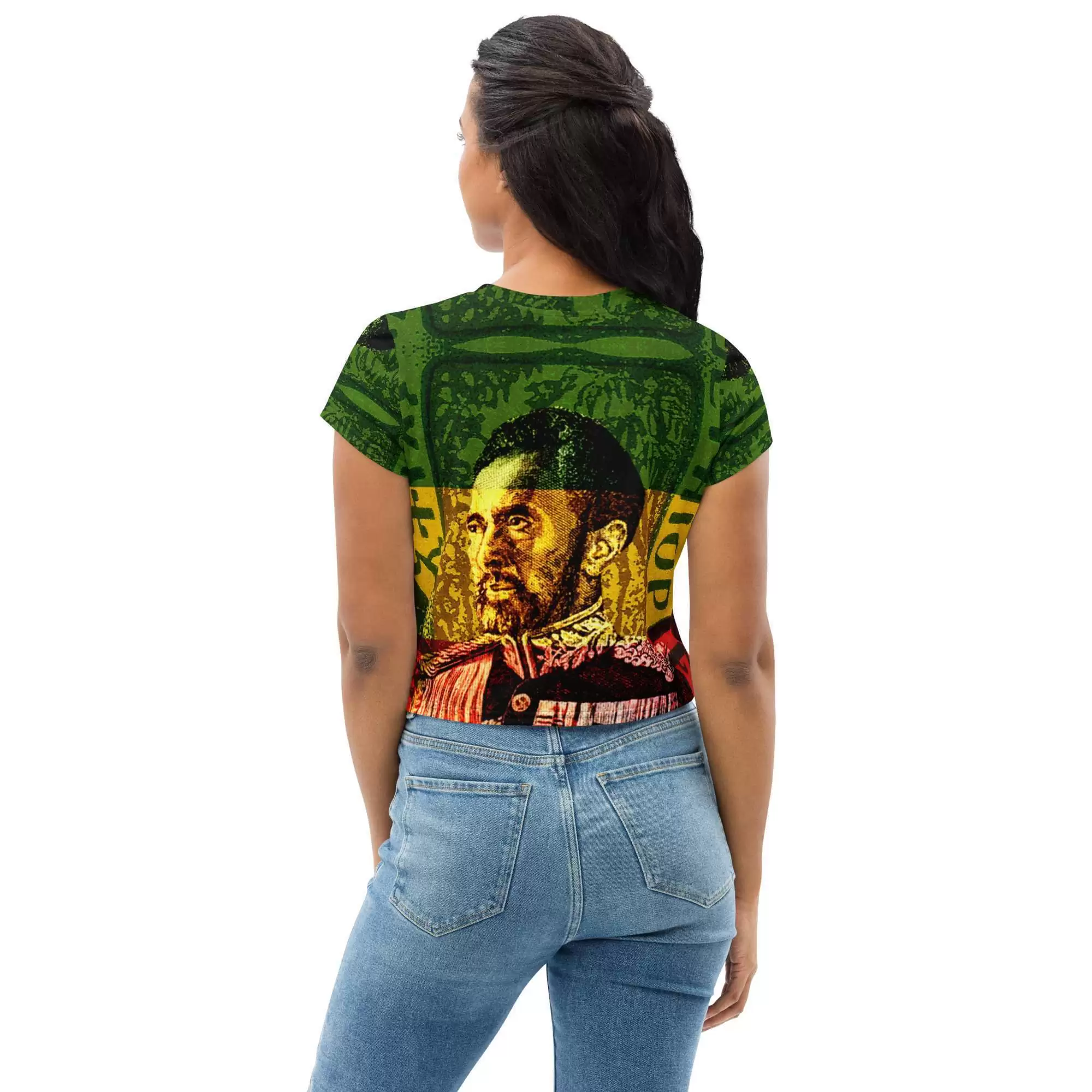 Emperor Selassie Crop Tee back view in Rasta colors. Comfortable four way stretch premium knit mid-weight jersey. Rasta tops, dresses and skirts.