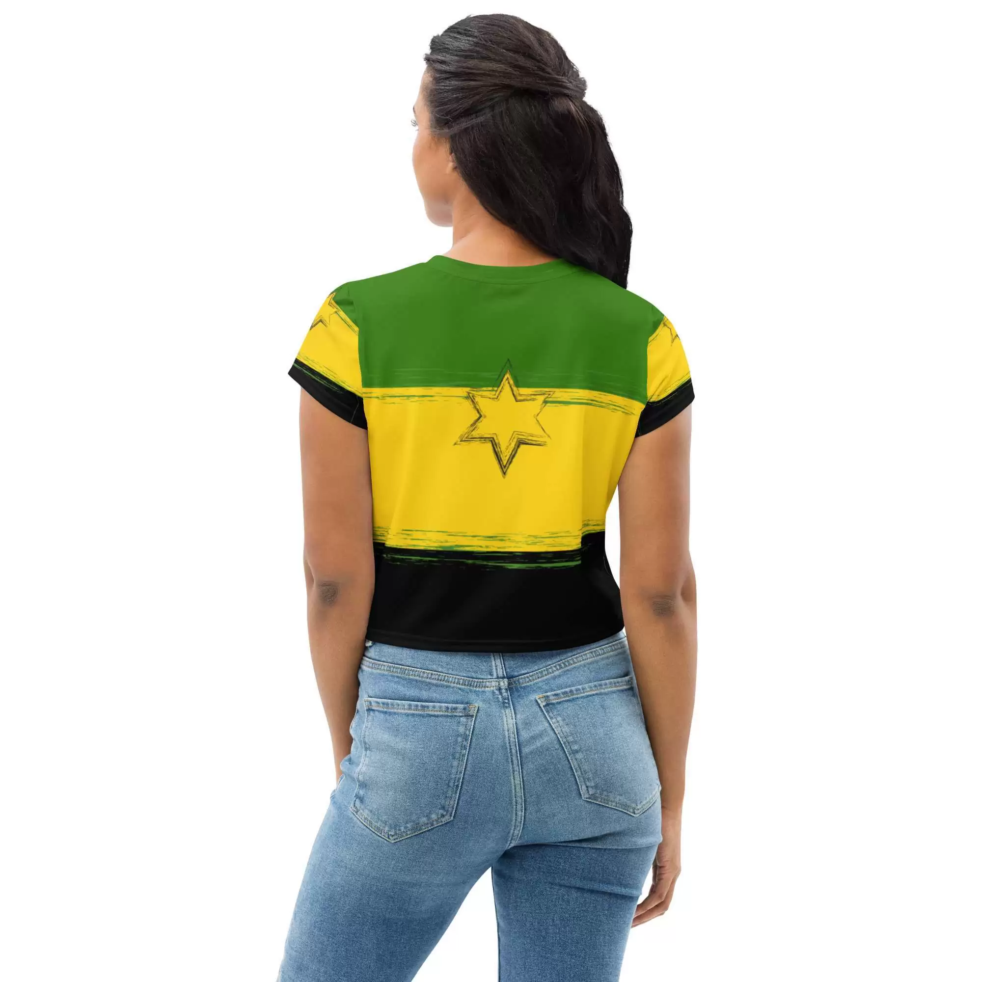 Jamaica Lion Crop Tee back view in Jamaican colors. Rasta Jamaican and Reggae crop tees, crop tops, dresses, skirts, swimwear and shoes.