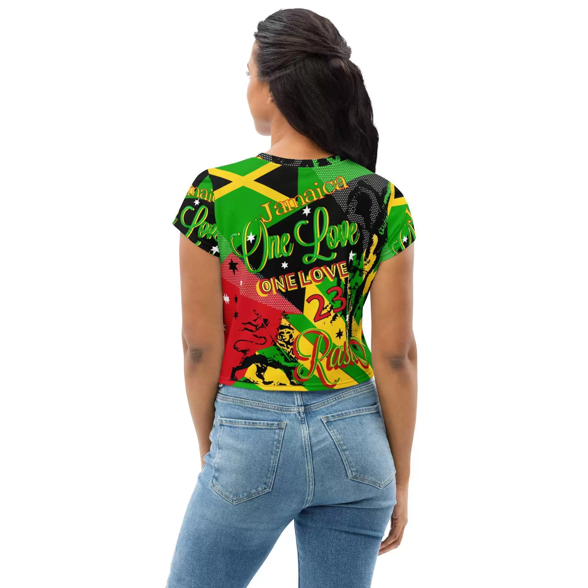 Jamaican Reggae Rasta Party Crop Tee back view in red, gold, green and black colorful vivid print. Rasta tops, skirts, dresses, shoes and jackets.