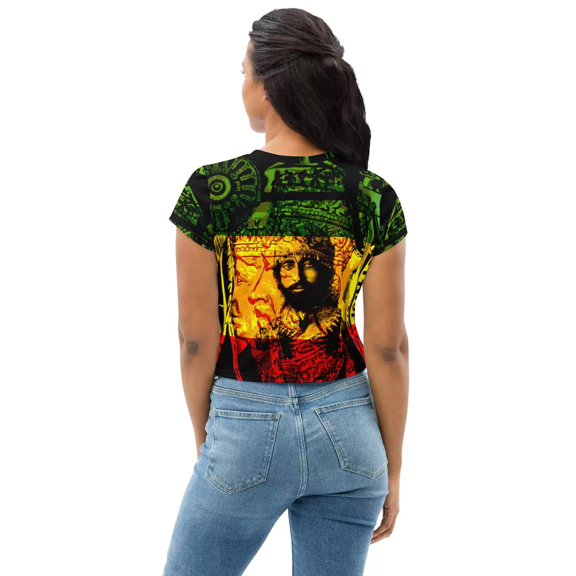 Natural Mystic Haile Selassie Crop Teeback view in Rasta colors. Rastaseed online store. Dresses, tops, skirts, swimwear, shoes and more.