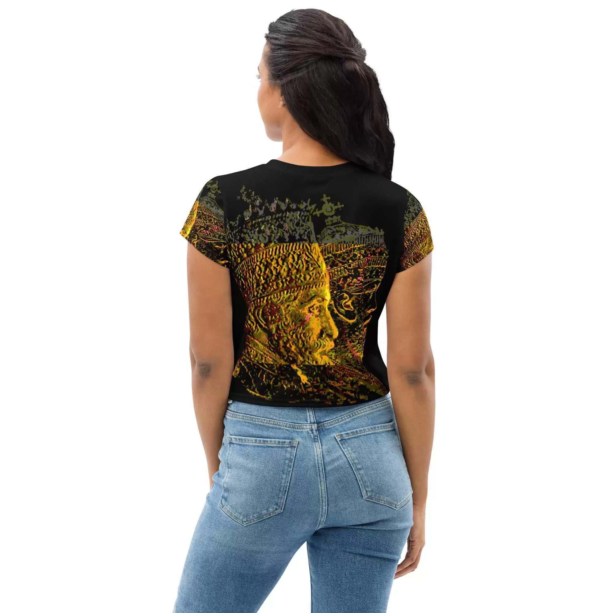 Selassie Menelik Crop Tee back view in mystical design. Cute top for your next Reggae party. Rastafarian Reggae and Jamaican merchandise.