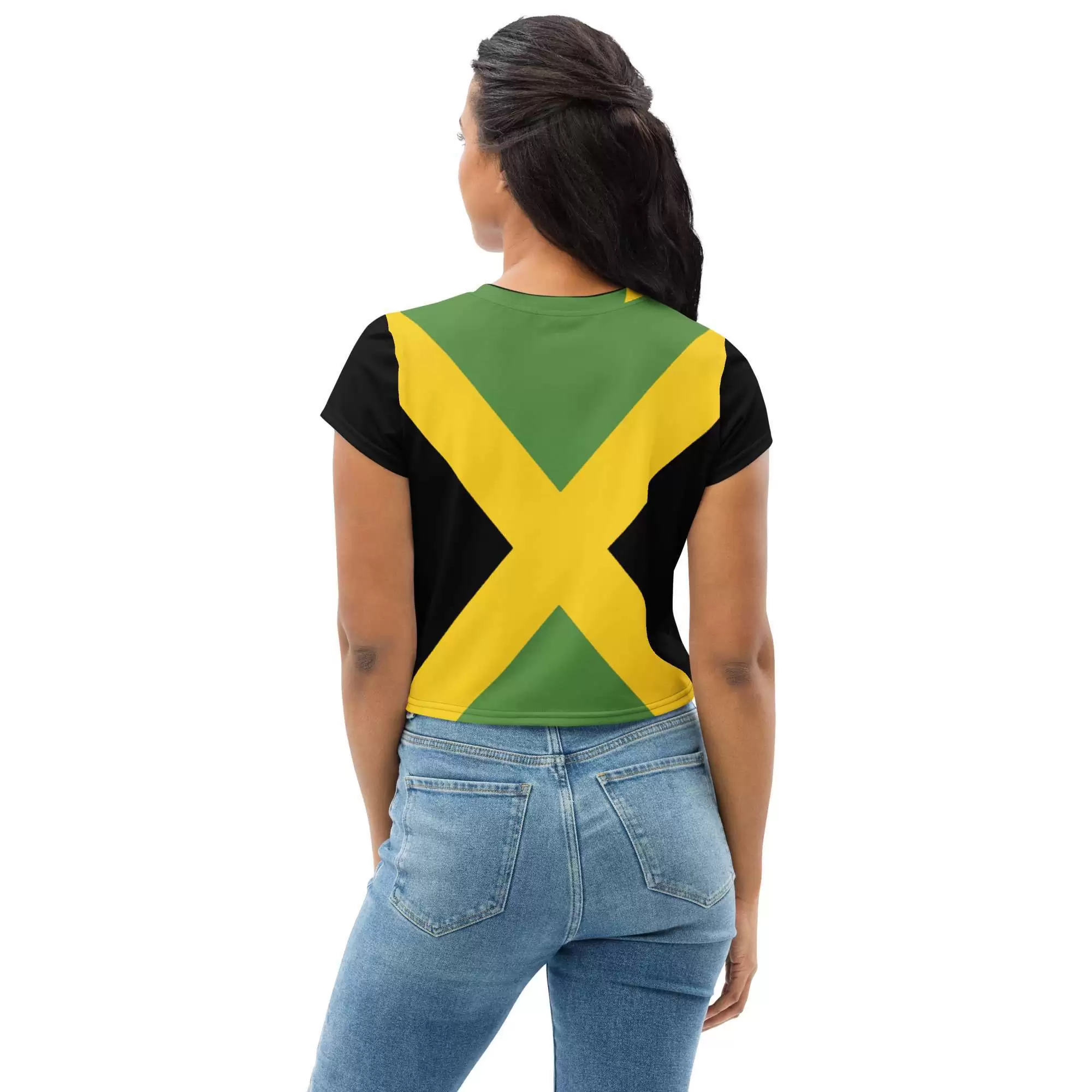 Jamaican Flag Crop Tee back view for Women. Jamaica colors in a funky style. Rasta Jamaican and Reggae gear and accessories online.