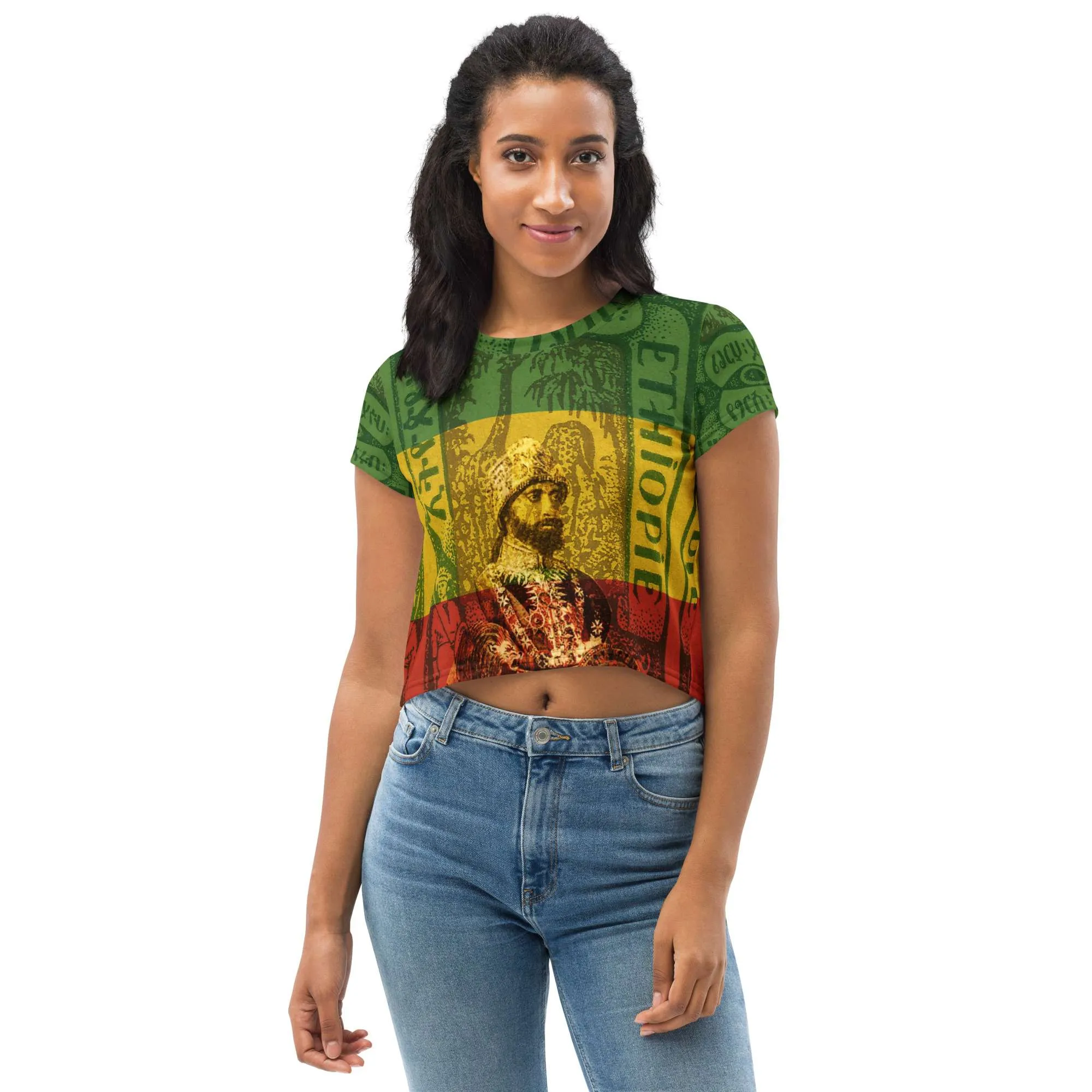 Haile Selassie Crop Tee front view in red gold green design. Authentic Reggae, Rastafarian Lion of Judah and Jamaican Rasta clothing shop .