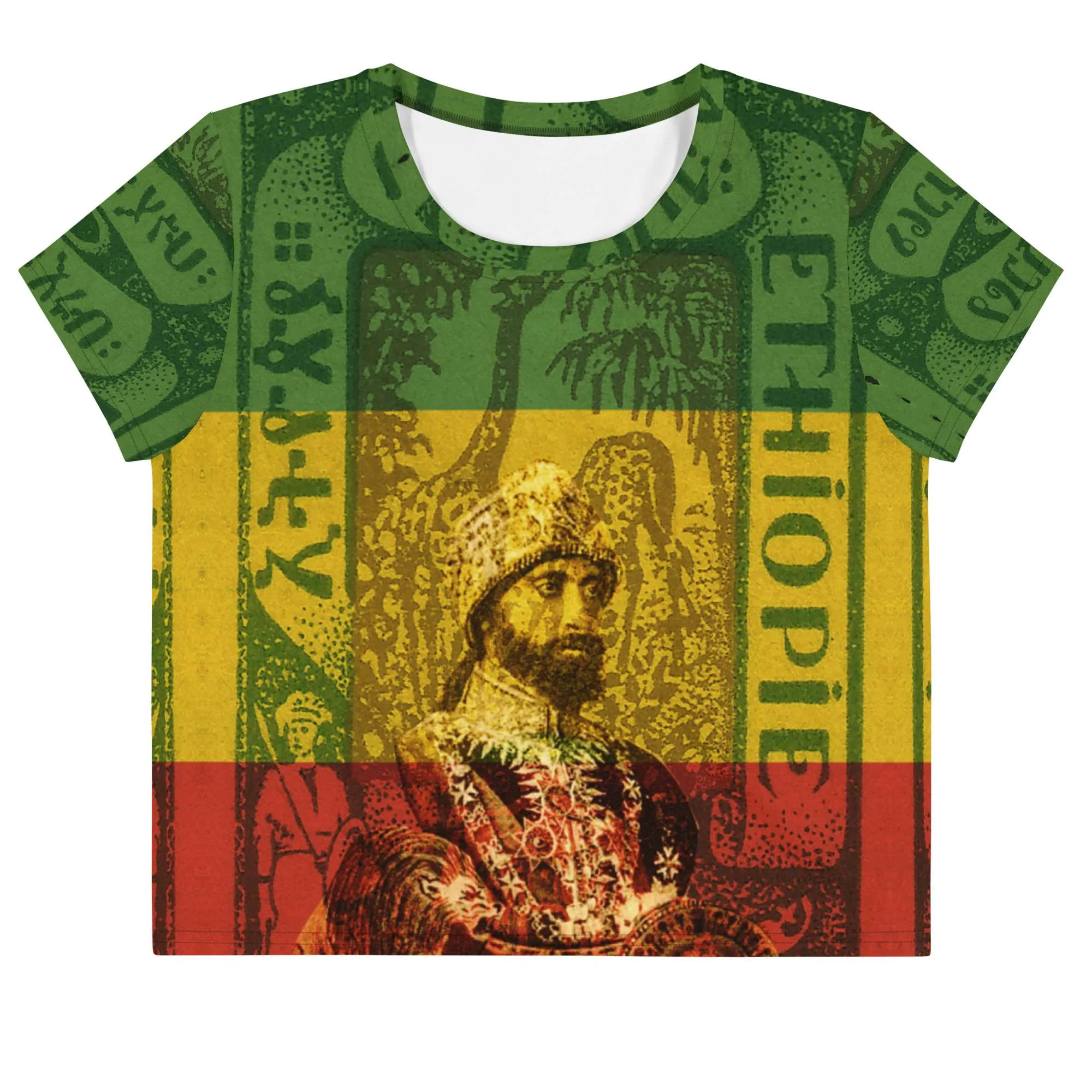 Haile Selassie Crop Tee flat front view in red gold green design. Authentic Reggae, Rastafarian Lion of Judah and Jamaican Rasta clothing shop .