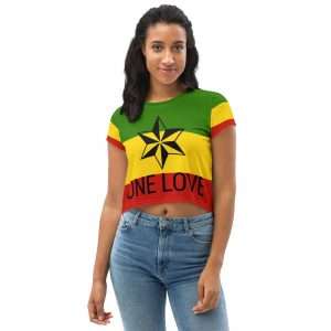 Rasta One Love Crop Tee front view in red gold and green. Rasta dresses, shirts, t-shirts, swimwear, shoes and accessories in Jamaican and Rasta colors.