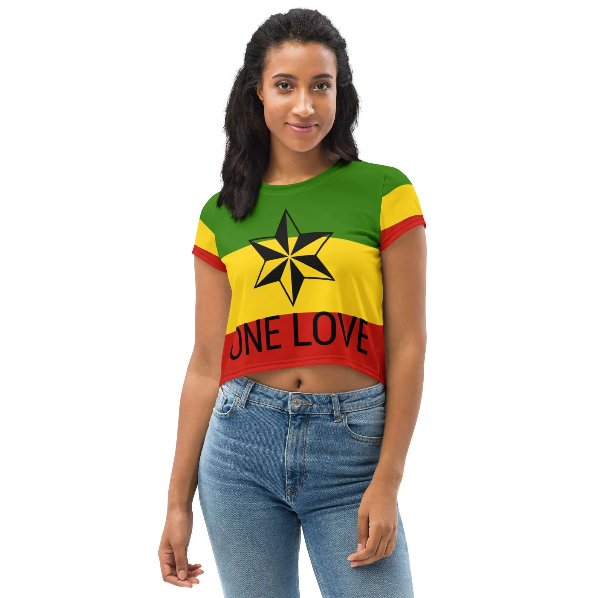 Rasta One Love Crop Tee front view in red gold and green. Rasta dresses, shirts, t-shirts, swimwear, shoes and accessories in Jamaican and Rasta colors.