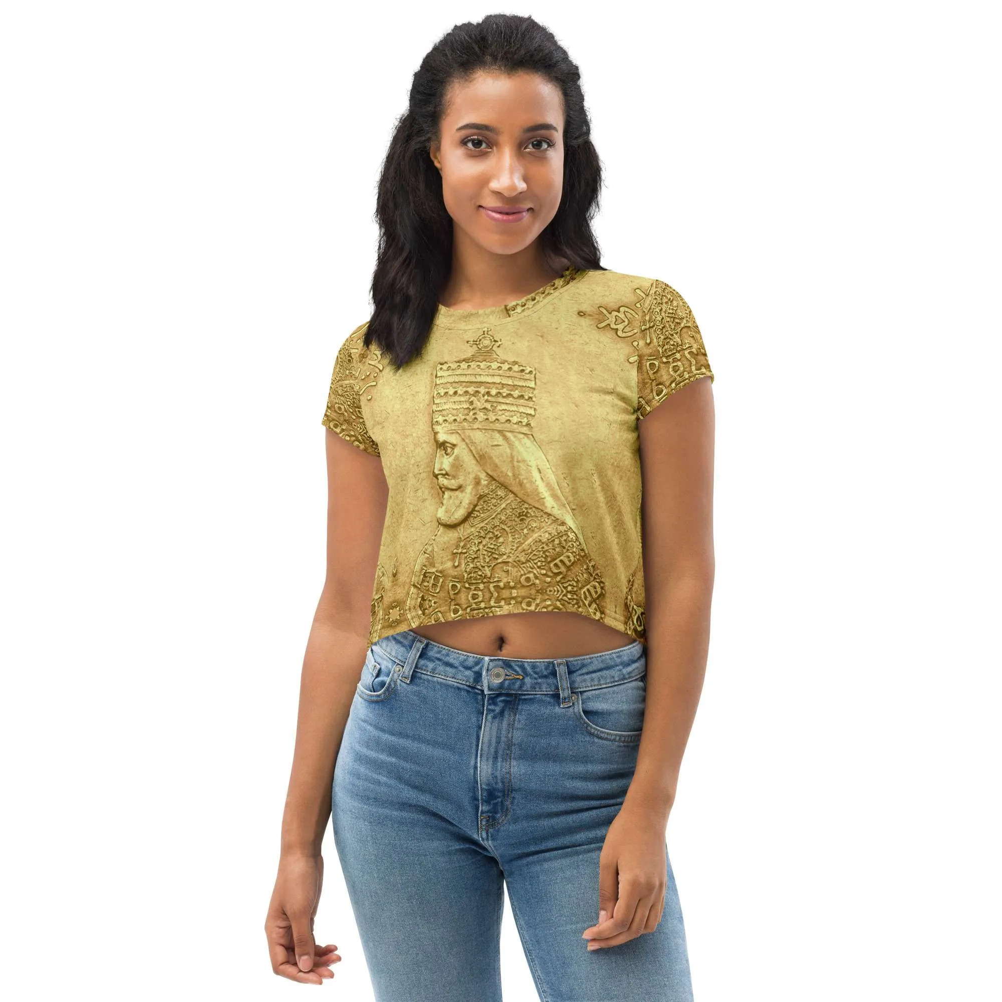 Haile Selassie Ancient Amharic Crop Tee front view in gold hues. King of Kings design, an original from Rastaseed online clothing store and Rasta gear.